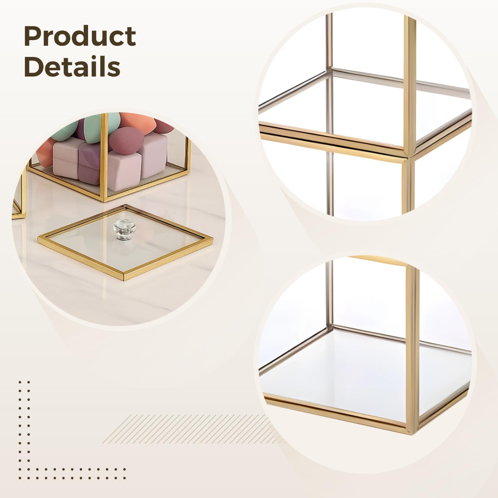 Soporte para brochas de maquillaje con bordes de metal dorado, organizador de cristal transparente para bolas de algodón y Qtips, impermeable y resistente al polvo, 10 x 10 x 16 cm