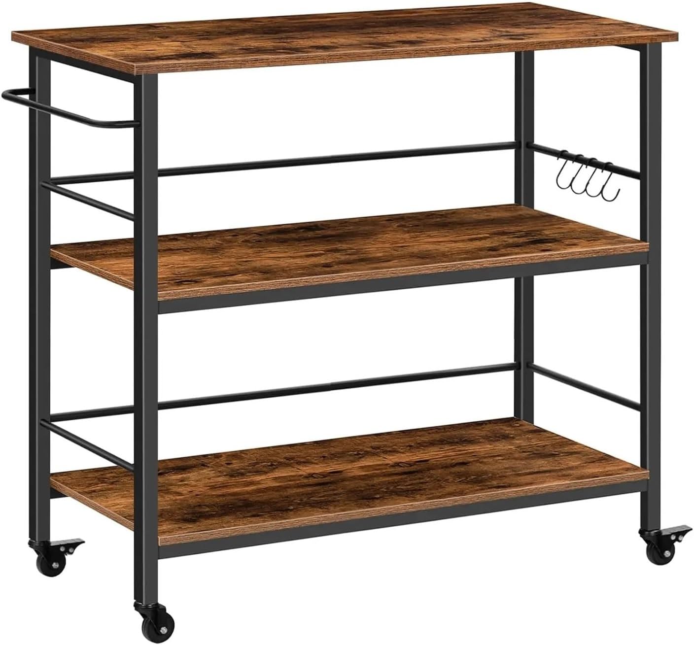 Storage Trolley Island with Storage,Industrial Kitchen Counter with Hooks and Side Enclosures, 3 Tier Cart with Large Workstation Shelving Organizer