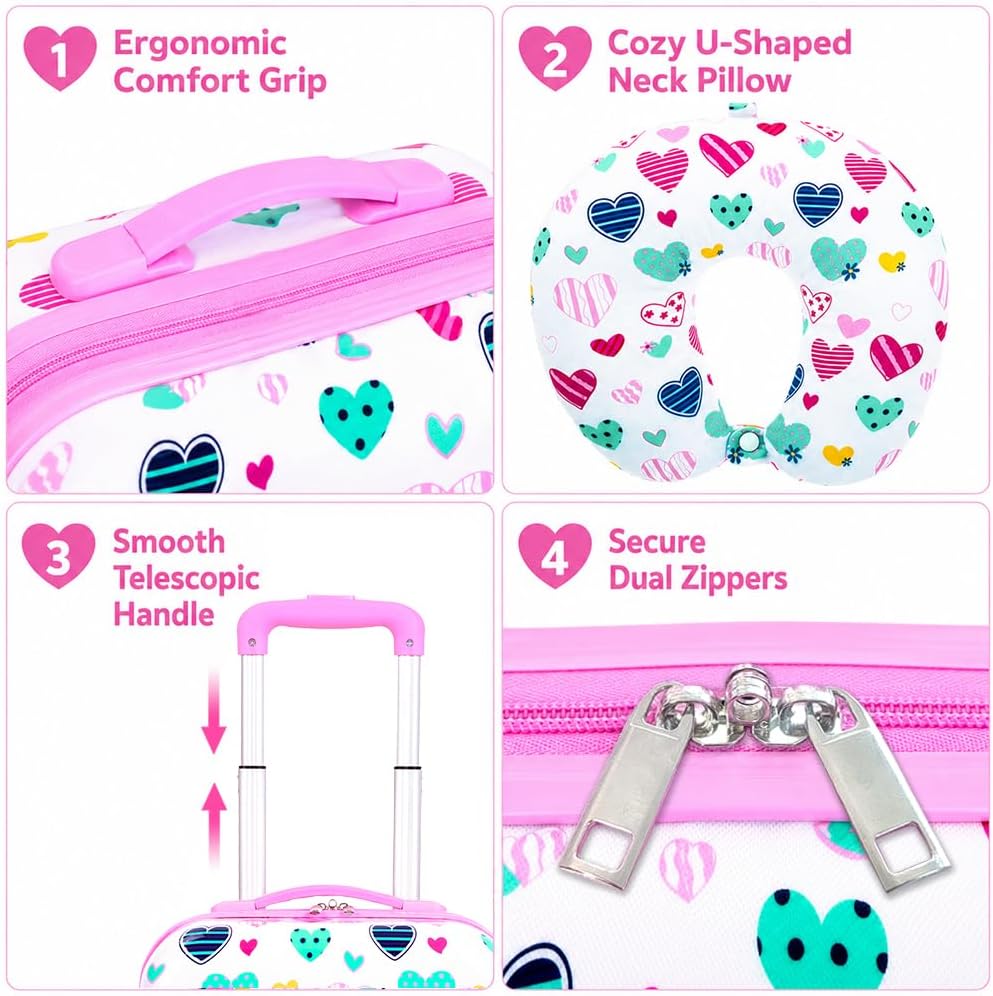 Girls Luggage Set, 2-Piece Hard-shell 16 Inch Spinner Kids Suitcase, Expandable Carry-On with Lovely Heart Design & Neck Pillow
