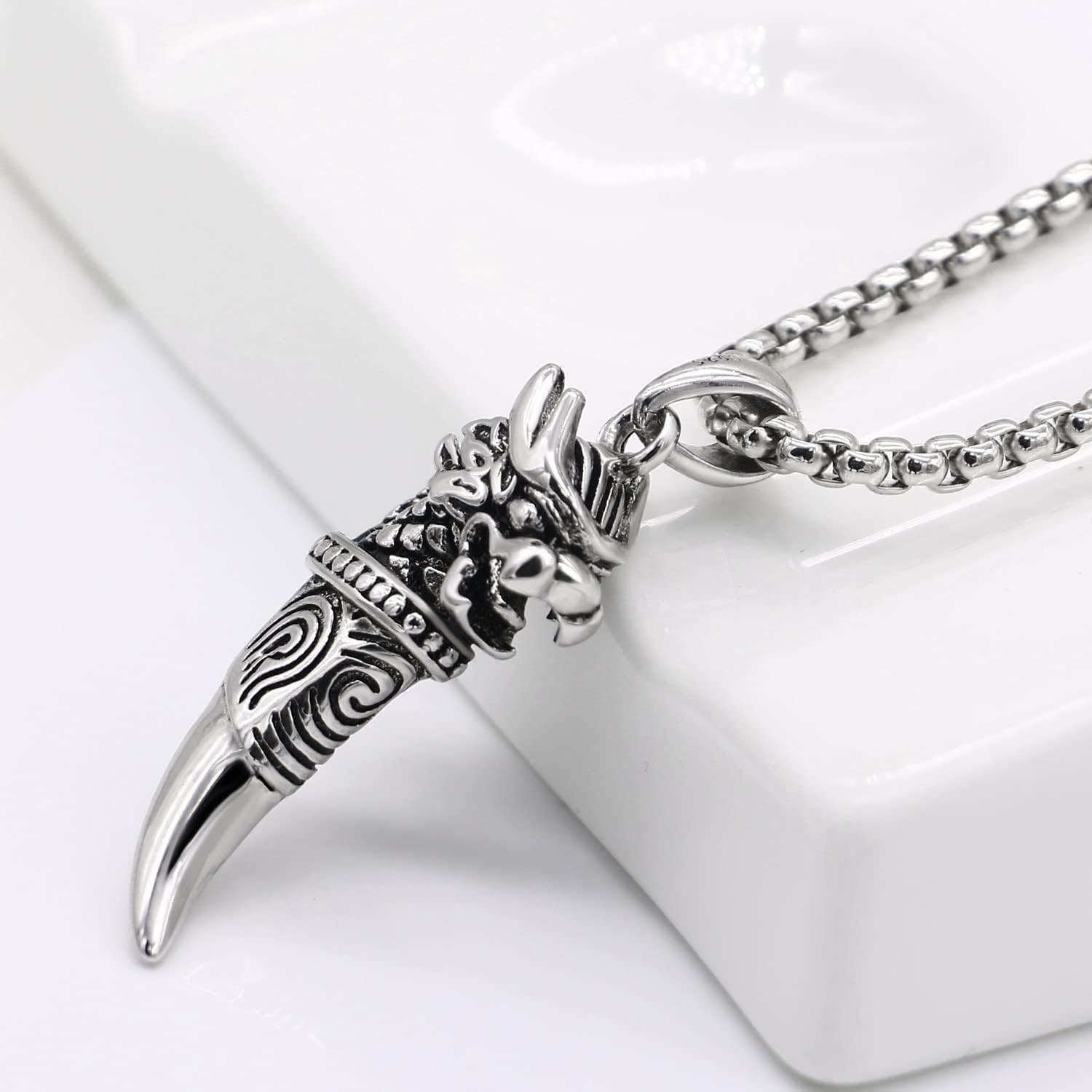 Dankadi Men 925 Sterling Silver Dragon Amulet Necklace Vintage Animals Tap Pendant Necklace -Wolf Spike Choker 3MM Box Chain18 20" 22 "26" 28" Jewelry Gift - Image 5