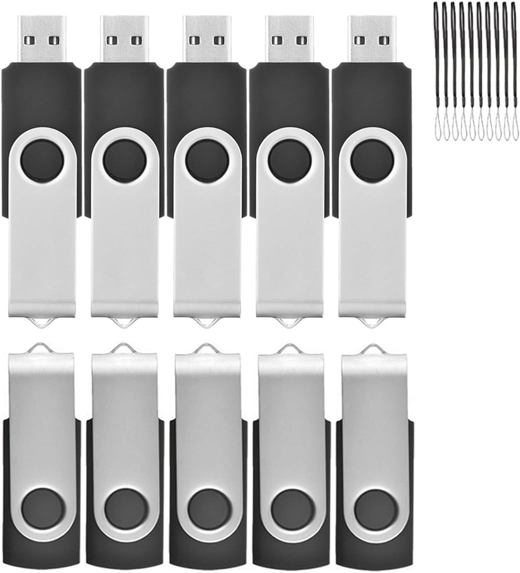 10 Pack USB Stick usb memory stick 16gb Flash Drive Memory Sticks Data Storage Pendrive USB 2.0 Swivel Design Drive Pen Drive, with Lanyard （Noir）
