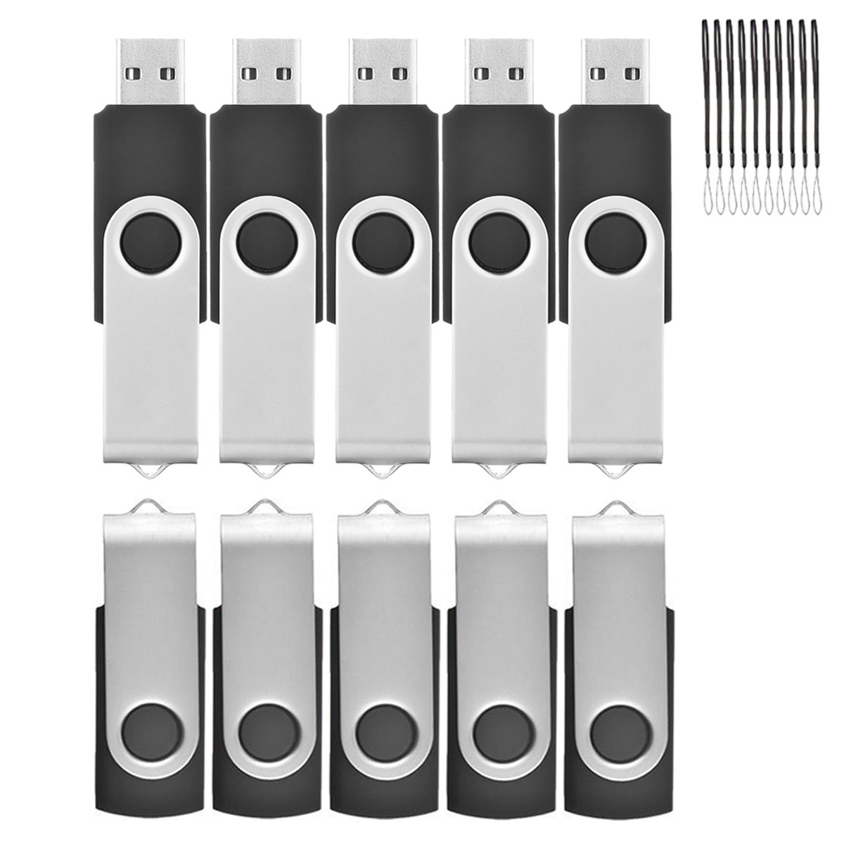 10 Pack USB Stick usb memory stick 16gb Flash Drive Memory Sticks Data Storage Pendrive USB 2.0 Swivel Design Drive Pen Drive, with Lanyard （Noir）
