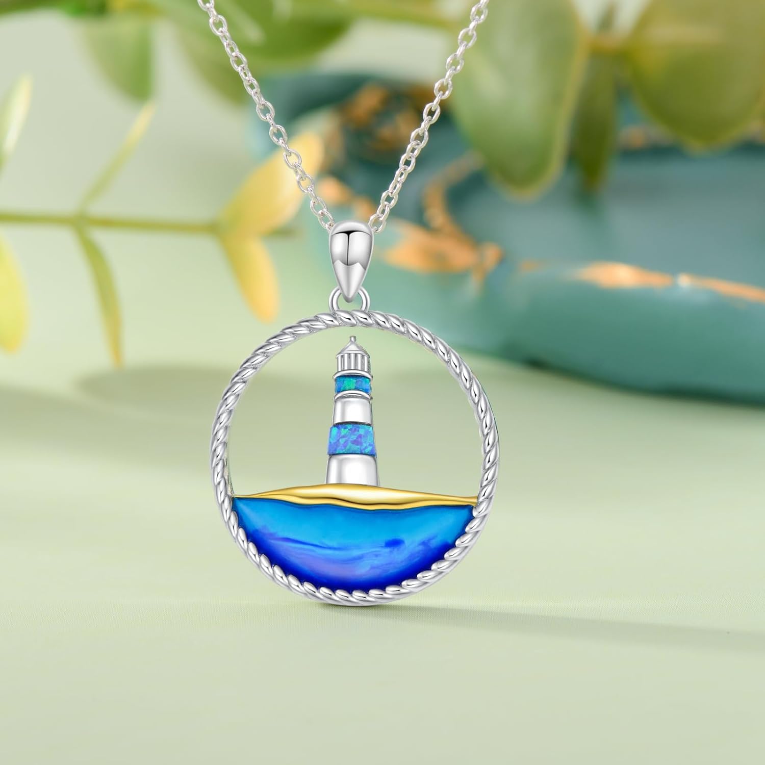ROMANTICWORK Lighthouse Necklace 925 Sterling Silver Opal Lighthouse Wave Pendant Nautical Jewelry Gifts for Women - Image 3