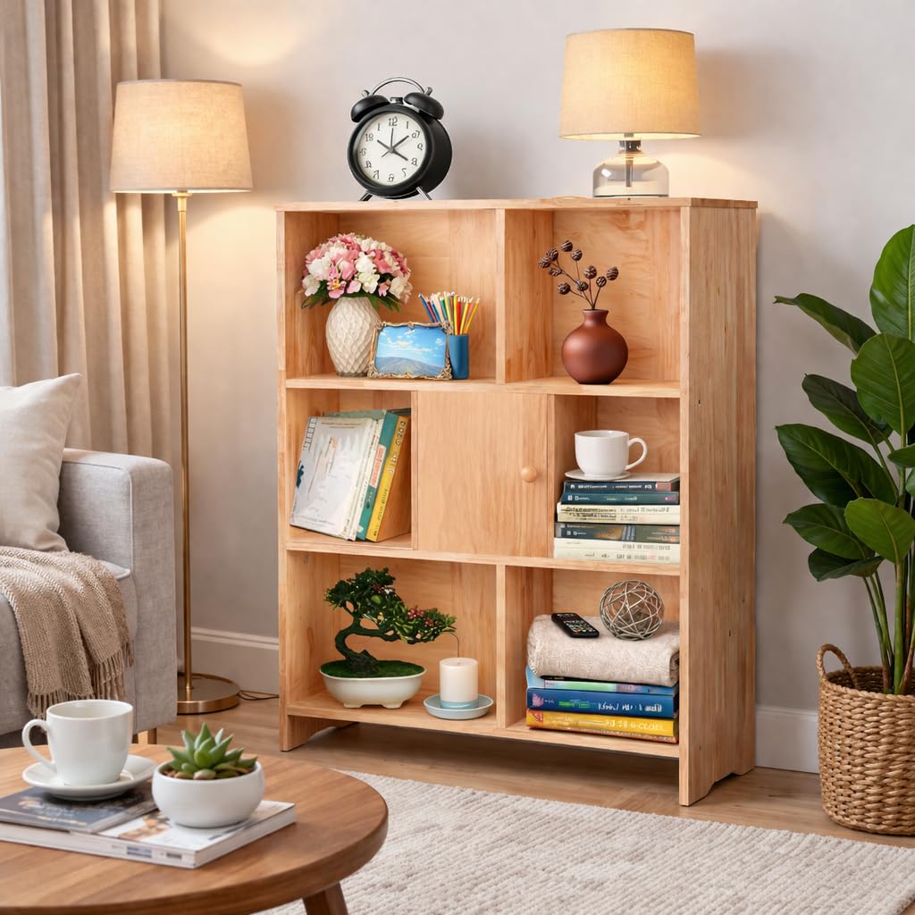 7 Cube Storage Organizer Wooden Bookshelf, 7 Cube Shelf Bookcase, Small Bookshelf Storage Organizer, 7 Cube Storage Shelf for Bedroom, Small Bookshelf for Living Room and Office (Natural, 7)
