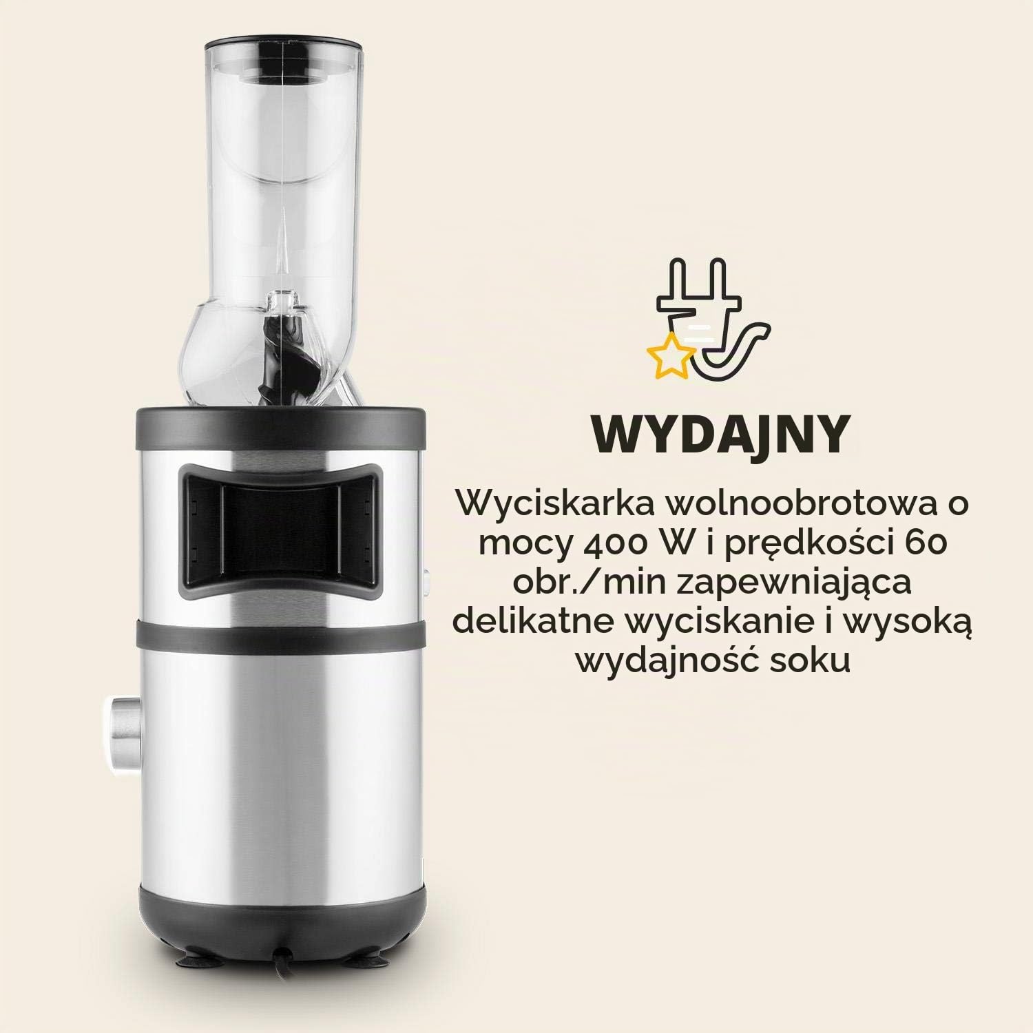 Klarstein Fruitberry - Wyciskarka do soków, Pionowa wyciskarka, Bardzo drobne mikrosito ze stali, Slow Juicer, 400 W, 60 obr/min, Bez BPA, W zestawie dwa pojemniki, Otwór wsadowy 8,5cm, cicha, srebrna