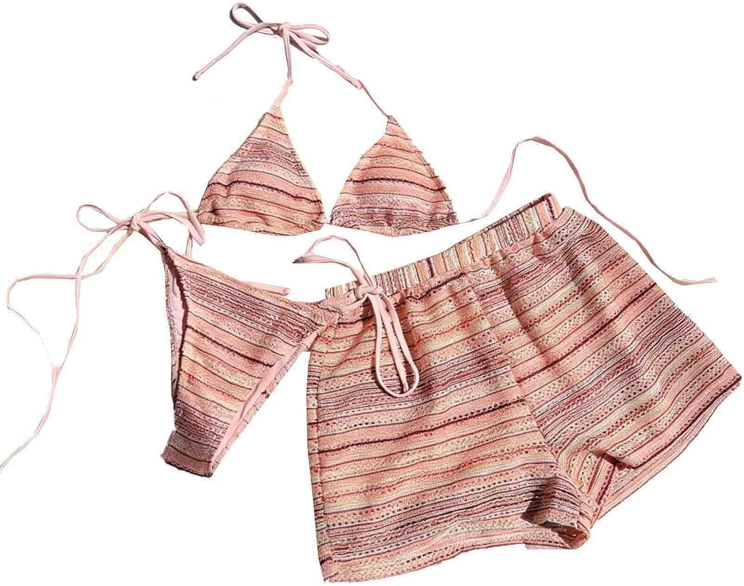 3 Piece Beach Bikini Set for Women Striped Halter Triangle String Thong Swimsuit Summer Shorts Cover Ups