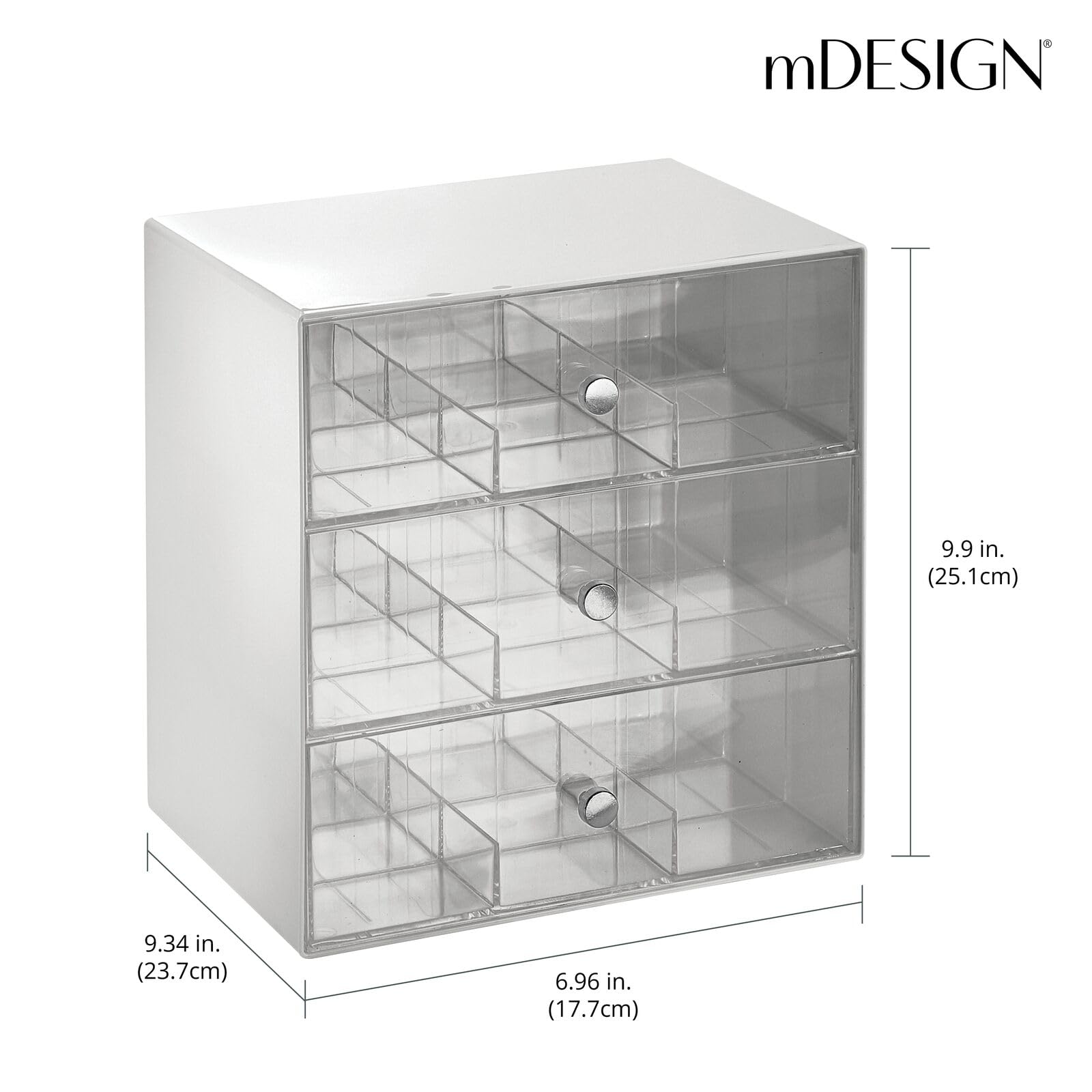 mDesign Caja de almacenamiento para bolsitas de té, cápsulas de café, azúcar y más - Cofre de té de plástico con 27 compartimentos - Organizador de cocina con 3 cajones - Gris claro/transparente