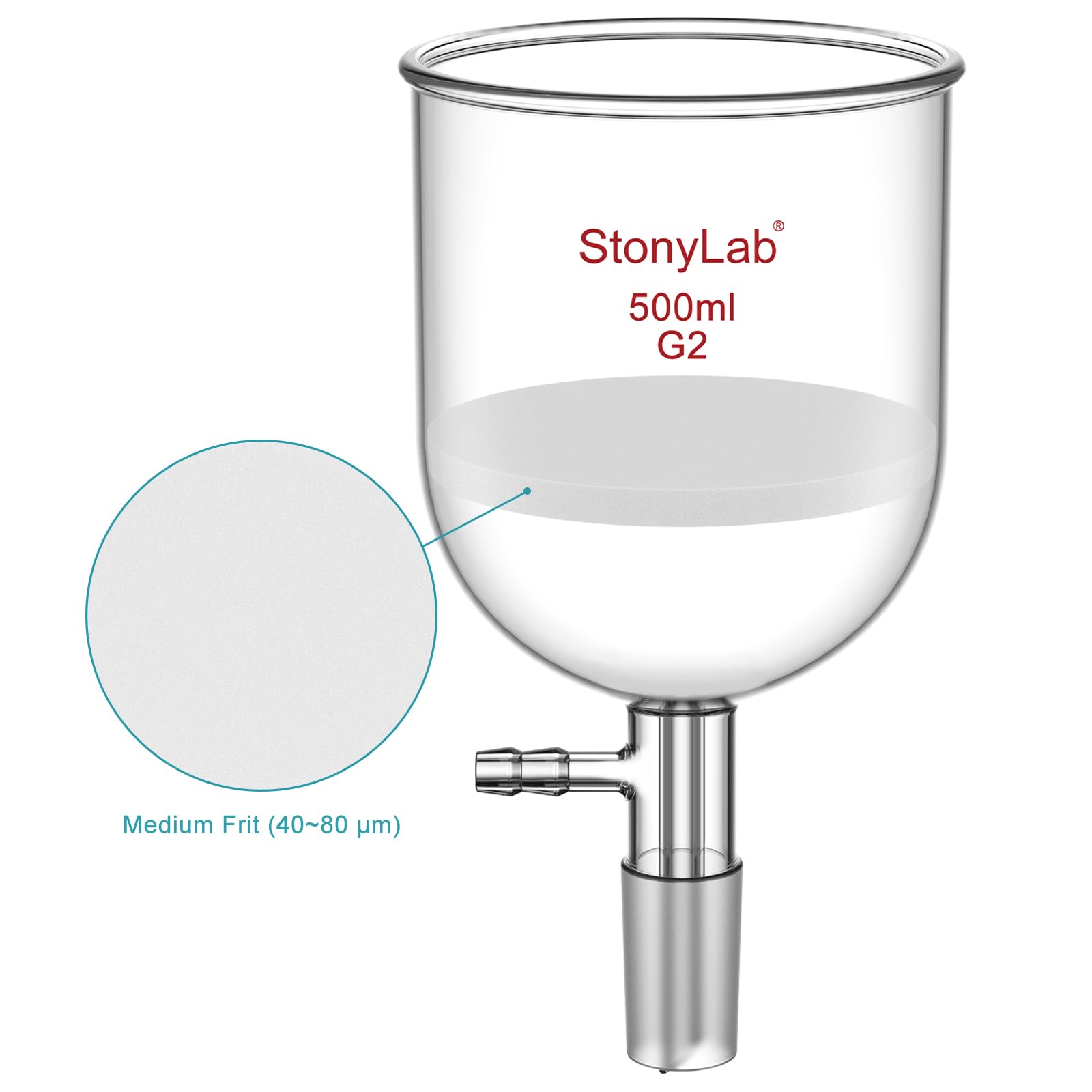 StonyLab Glas Buchner Trichter Filter, Borosilikatglas Vakuum Buchner Filtertrichter 500ml mit Mittlerer Fritte(G2), 94mm Scheibendurchmesser, 100mm Tiefe, mit 24/40 Standard-Taper-Innengelenk