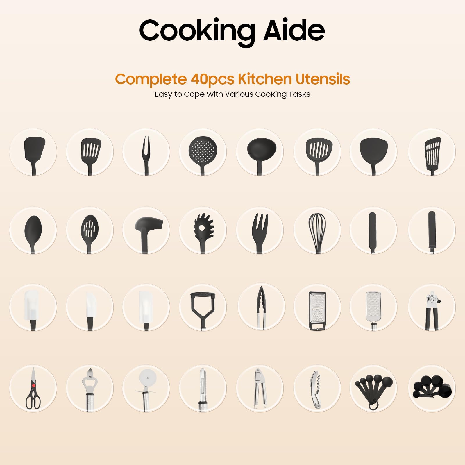 Juego de utensilios de cocina, juego de utensilios de cocina, juego completo de utensilios de cocina con 40 piezas, mangos ergonómicos y superficies resistentes a los arañazos, ideal para cocineros