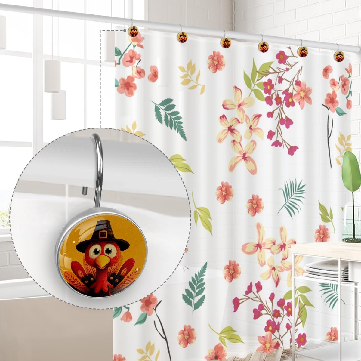 Cute Turkey Shower Curtain Hooks, Stainless Steel Decorative Round Shower Rod Curtain Rings 12PCS, Metal Rust Resistant Curtain Rod Hooks for Bathroom Farmhouse Bedroom, Glass, Resin