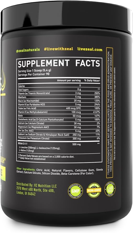 Zeal Electrolyte Powder - 90 Servings | Keto Electrolytes Powder | Zero Sugar, BCAAs, B-Vitamins | Potassium, Zinc, Magnesium | Hydration Powder Recovery Drink | Lemon Lime - Image 3