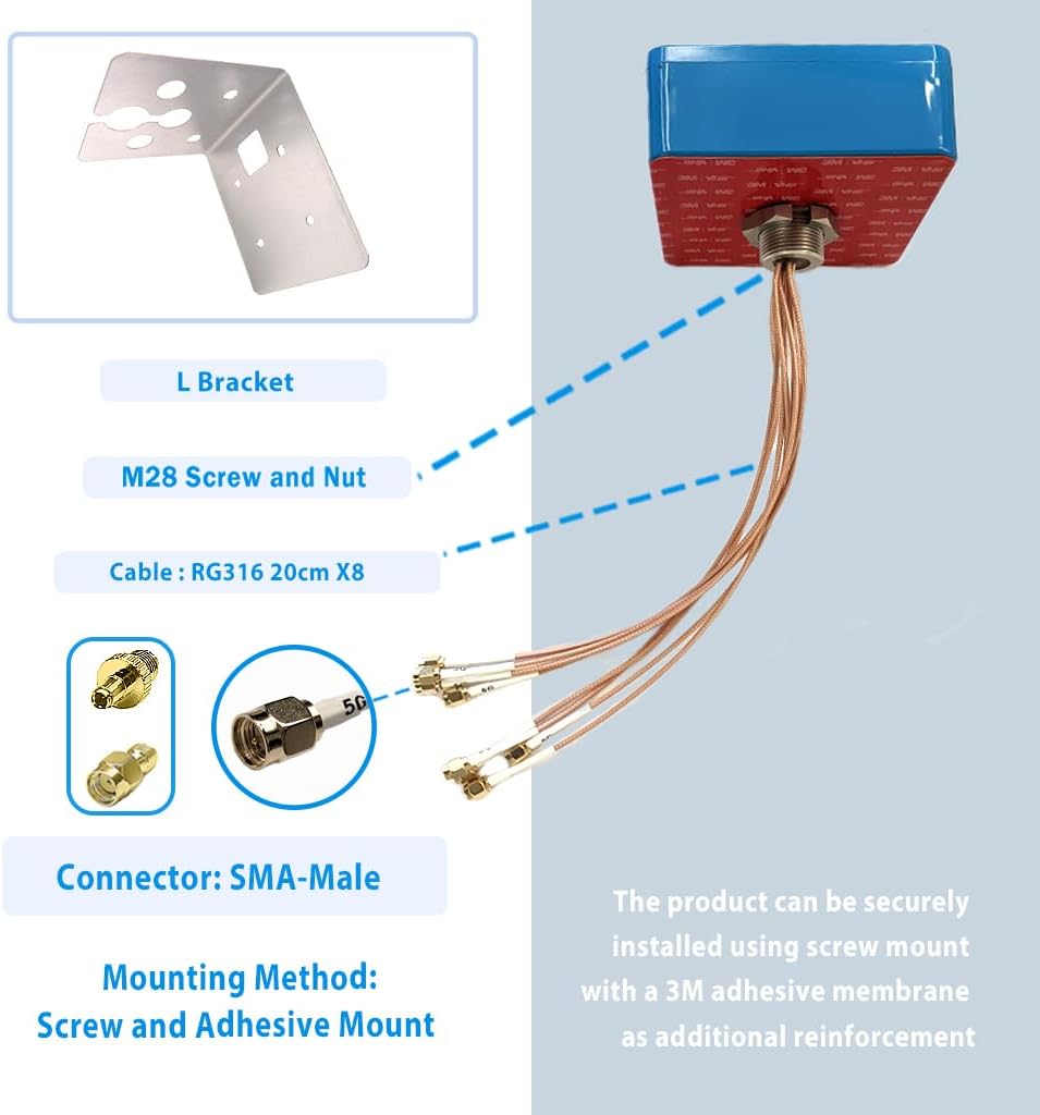 Maswell® 8X8 5G MIMO Antenna Outdoor, Entry-Level 3dBi, Screw and Adhesive Mount 2.2m Cable, 750-6000MHz Global 5G 4G LTE 3G Lora UWB and WiFi 7, NOT for Boosting