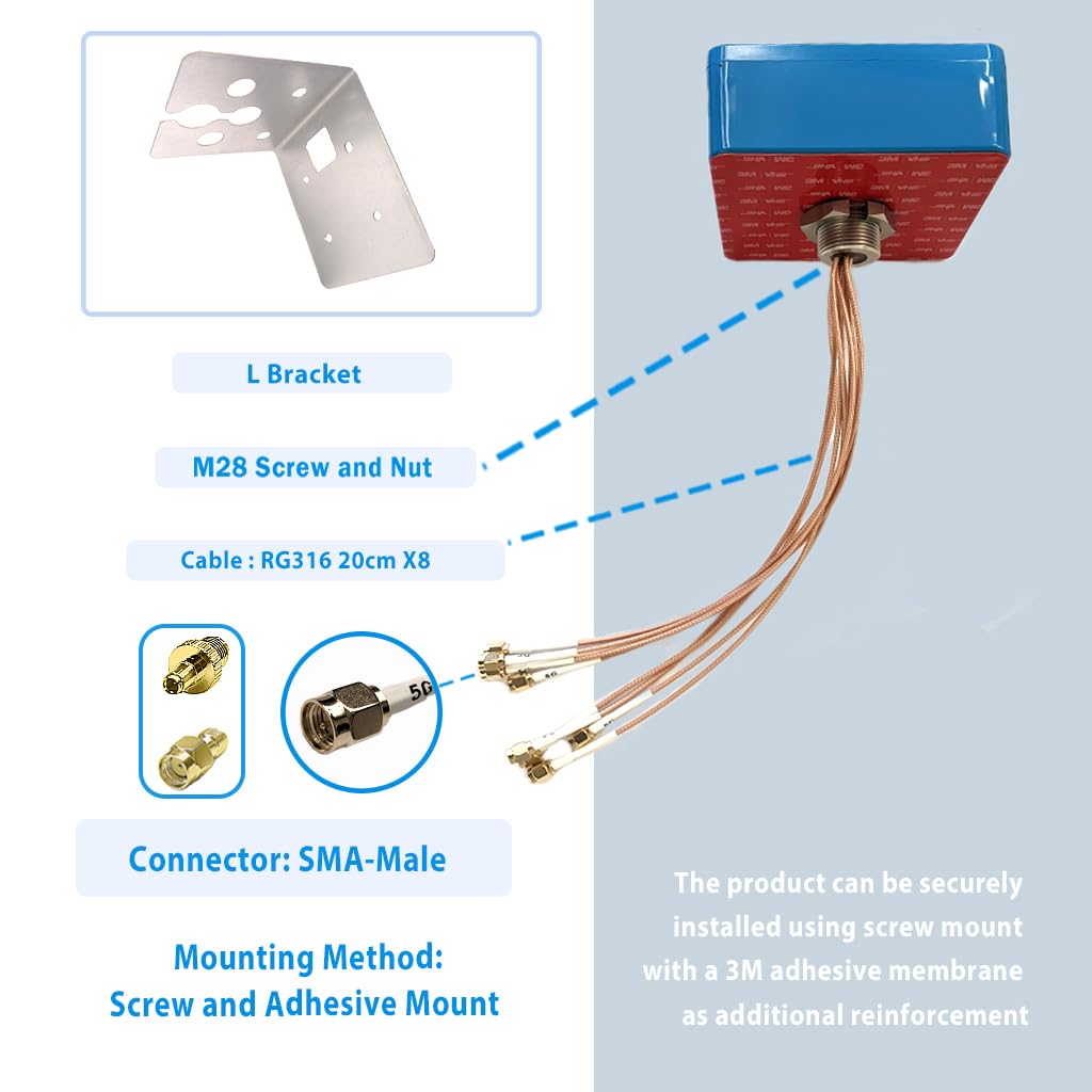 Maswell Antenne MIMO 8 x 8 5G pour l'extérieur, entrée de gamme 3dBi, câble à vis et adhésif de 2,2 m, 750-6000 MHz Global 5G 4G LTE 3G Lora UWB et WiFi 7, ne convient pas pour booster