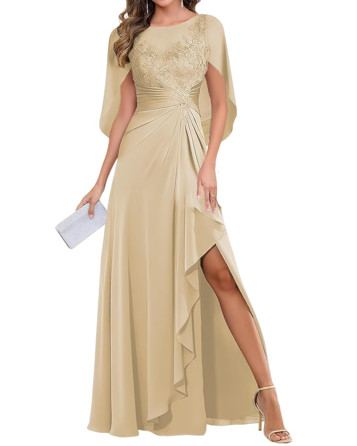 Womens Cape Sleeve Mother of The Bride Dresses for Wedding Lace Appliques Formal Dress Chiffon Wedding Party Gown