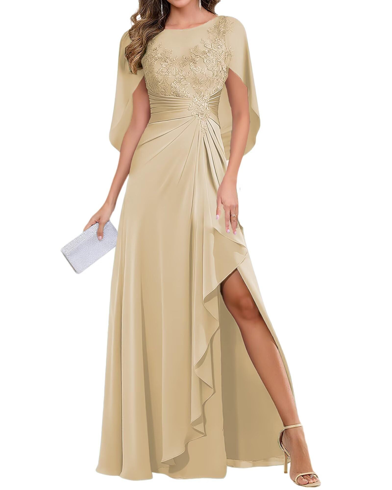 Womens Cape Sleeve Mother of The Bride Dresses for Wedding Lace Appliques Formal Dress Chiffon Wedding Party Gown
