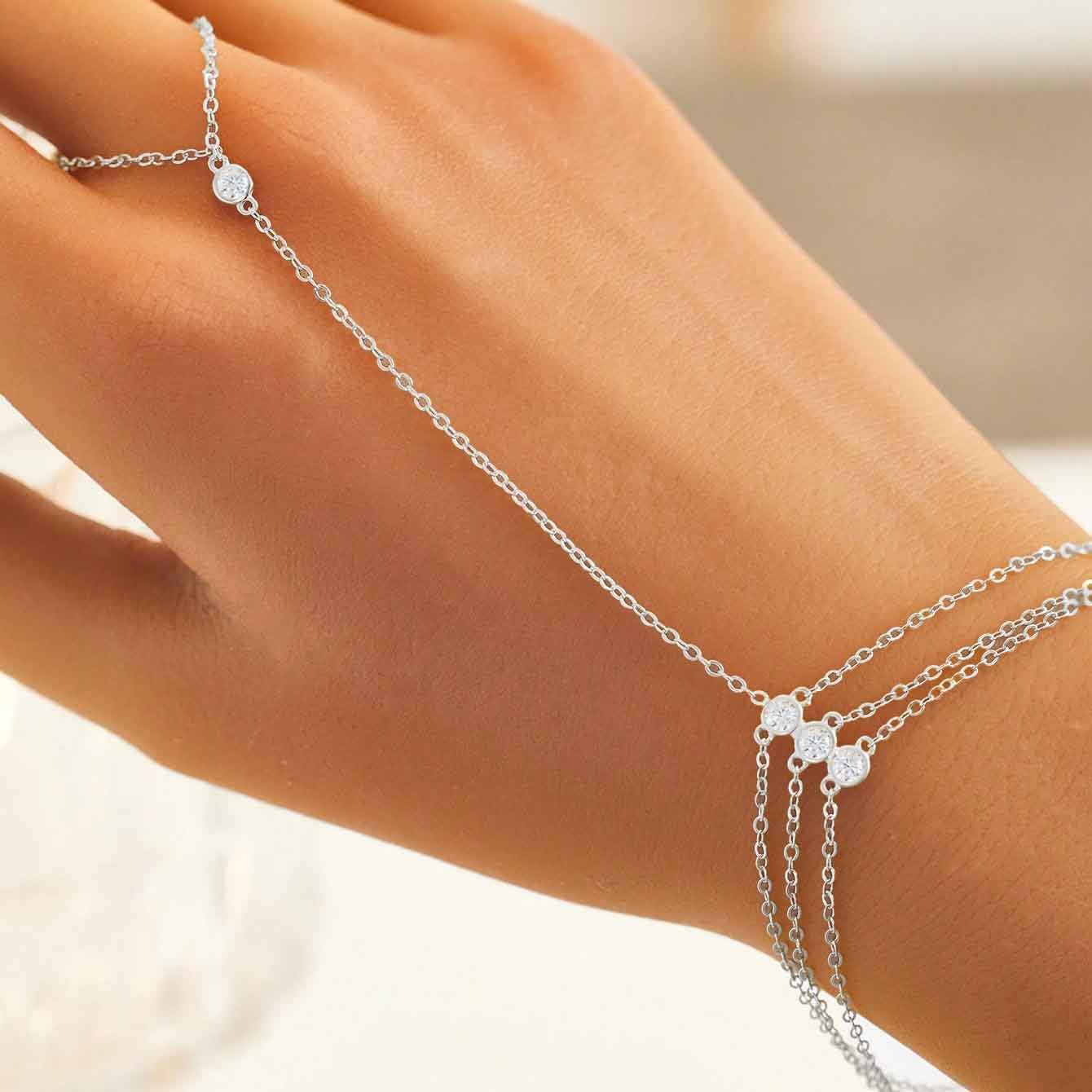 Valentines Day Gifts for Her,Diamond Gold Love Heart Hand Chain Bracelet for Women, 925 Sterling Silver White CZ Heart Star Finger Ring Bracelets 14k Gold Plated Dainty Layered Stackable Link Chain Trendy Body Summer Jewelry Wedding Gifts - Image 2