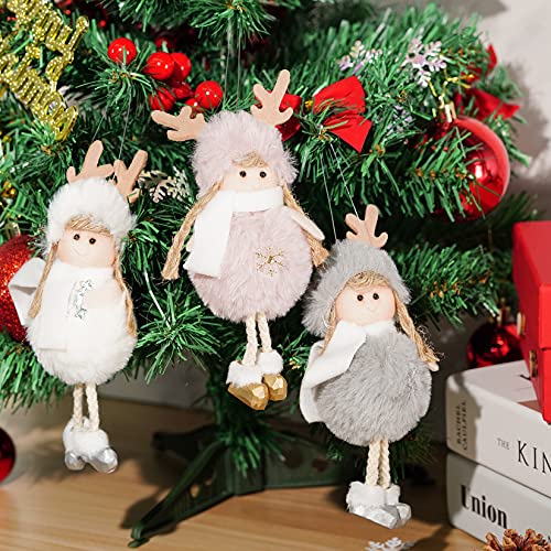 Christmas Angel Ornaments - Cute Baby Doll Christmas Tree Ornaments Decor - Handmade Furry Hat & Cloth For Girls Birthday Party Decorations - 3 Pcs Reindeer Angel Pink White Grey #TOP3