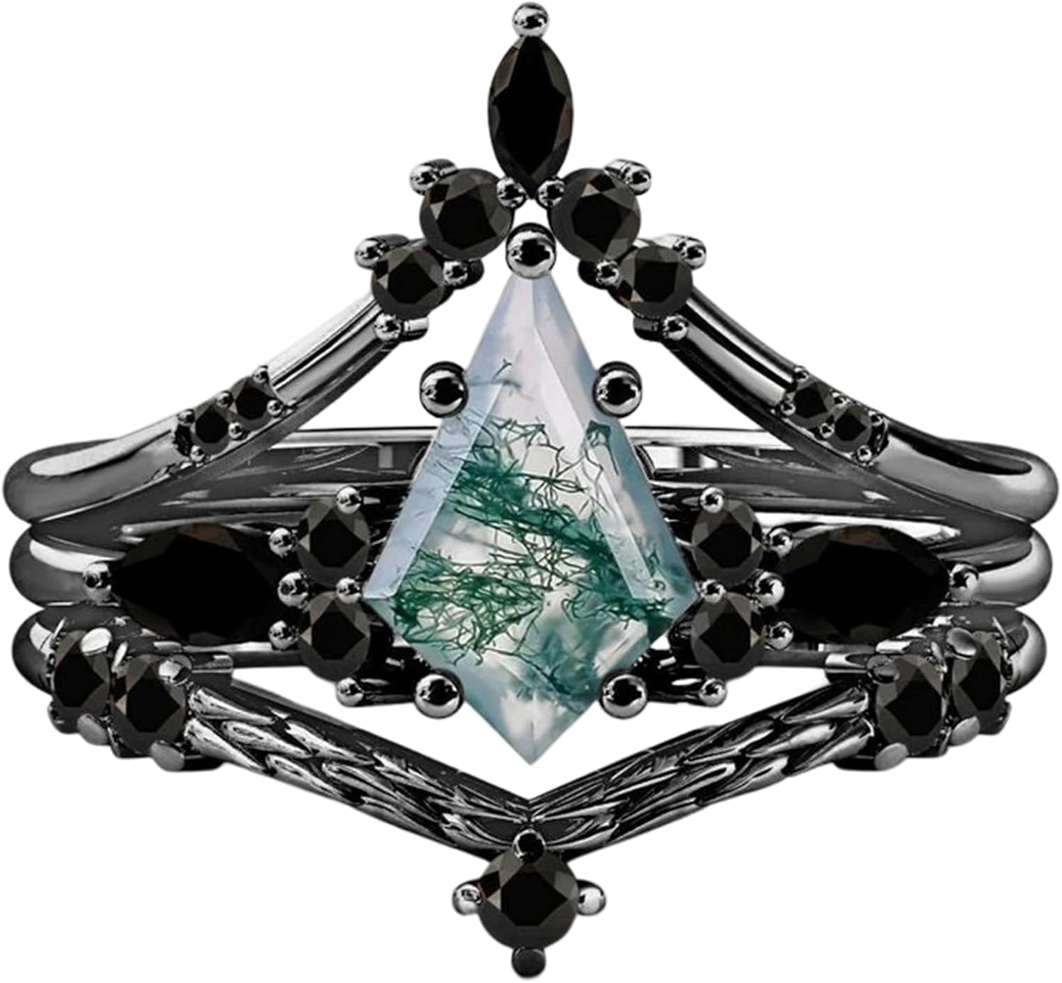 Natural Moss Agate Engagement Black Ring Set for Women 925 Sterling Silver Genuine Green Moss Agate Bridal Rings Set for Her with Engraving Moss Agate Promise Wedding Ring Set Size 4-15