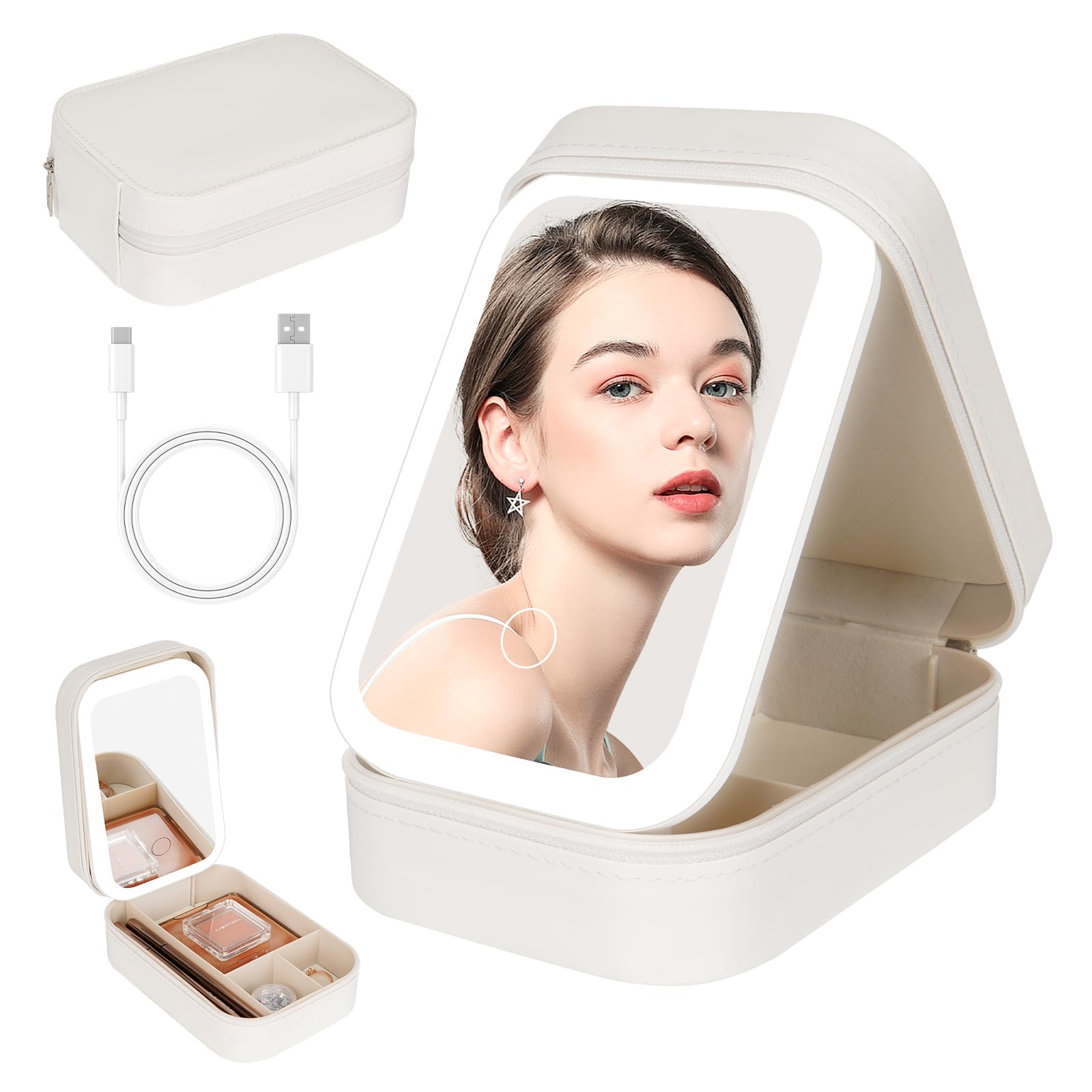 Libershine Neceser de Maquillaje con Espejo LED, Bolsa de Maquillaje de Viaje con Organizador de Maquillaje con luz LED de 3 Colores, Organizador de Cosméticos de Viaje Portátil con Separadores