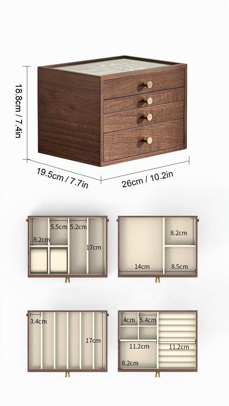 Joyero de madera de nogal negro, organizador grande de 4 cajones con tapa de cristal para guardar collares, relojes, anillos y pendientes, Regalo para Ella