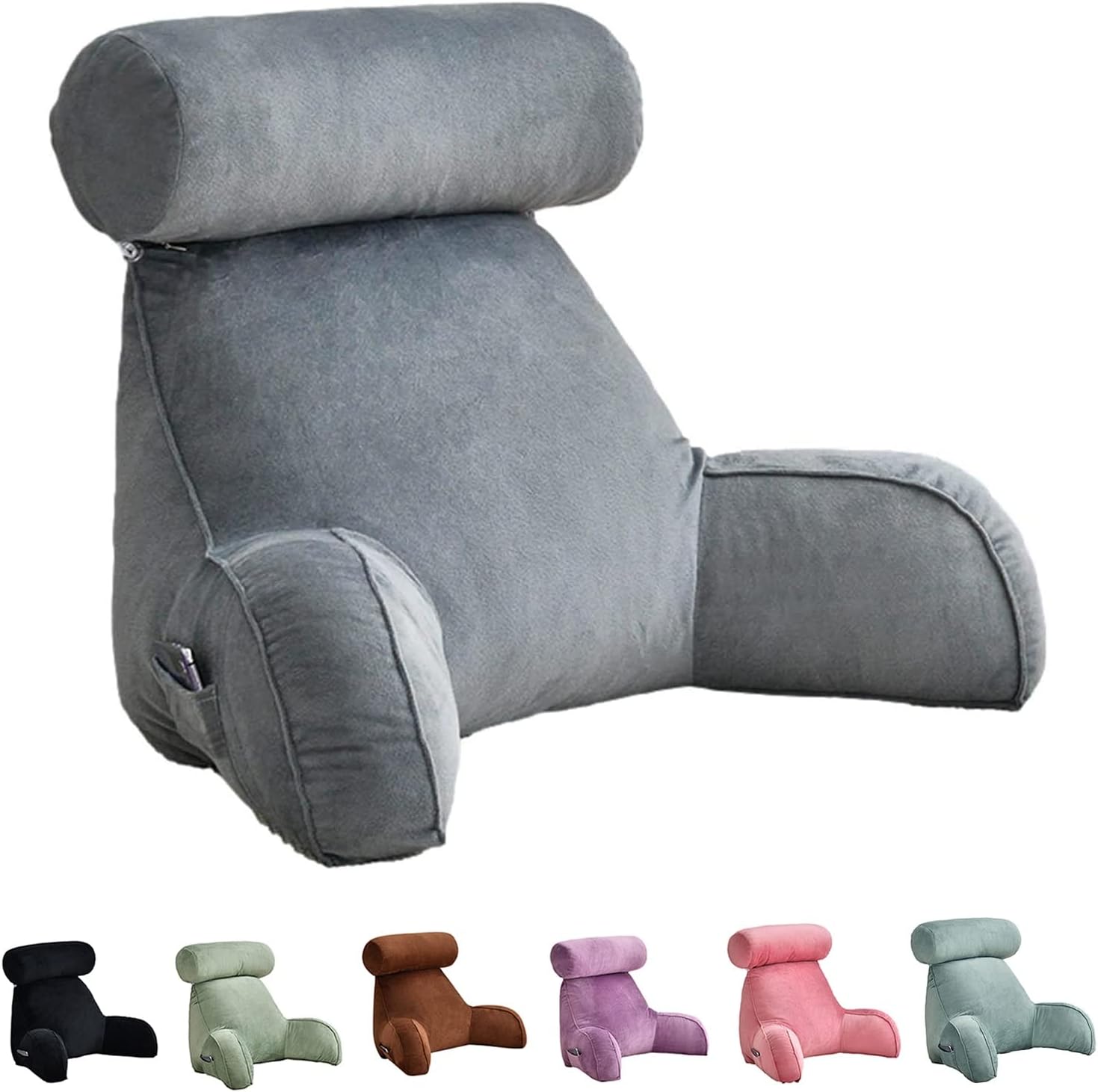 Soft Bed Rest Reading Pillow with Neck/Arm Support, Shredded Memory Foam Bed Rest Pillow Back Lumbar Support Cushion for Reading Watching TV Gaming(Gray)