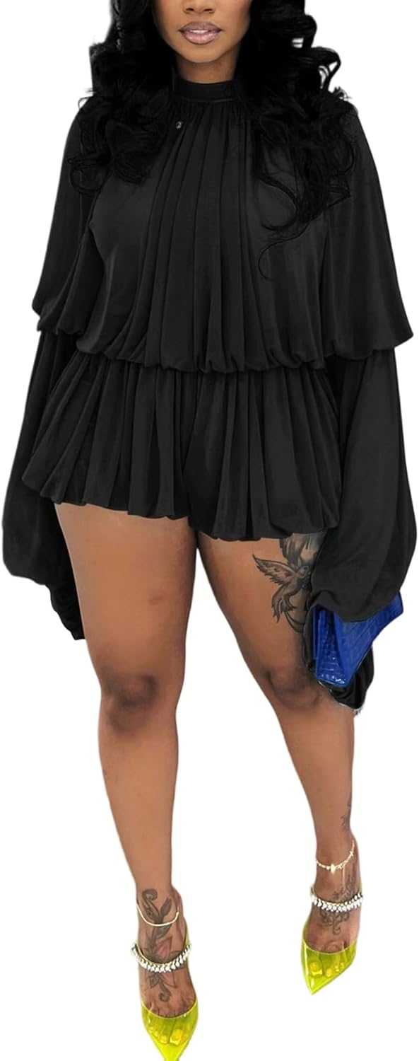 LETSVDO Shorts Sets Women 2 Piece Outfits Mock Neck Bell Sleeve Chiffon Top Blouse Pleated Ruffle Bubble Short Set Romper