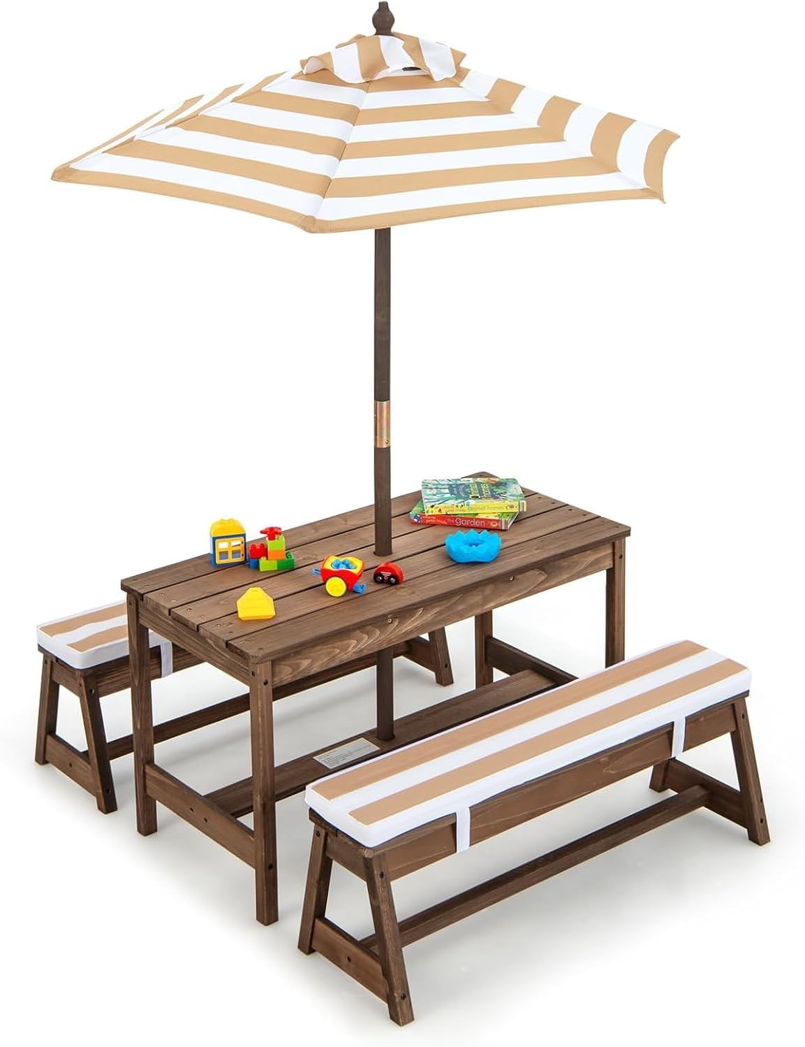 MAT EXPERT Kids Rustic Rectangular Wooden Toddler Picnic Table & Benches w/Cushions & Brown Fabric, Children Backyard Furniture w/Height Adjustable Umbrella, Kids Outdoor Table for Patio Garden