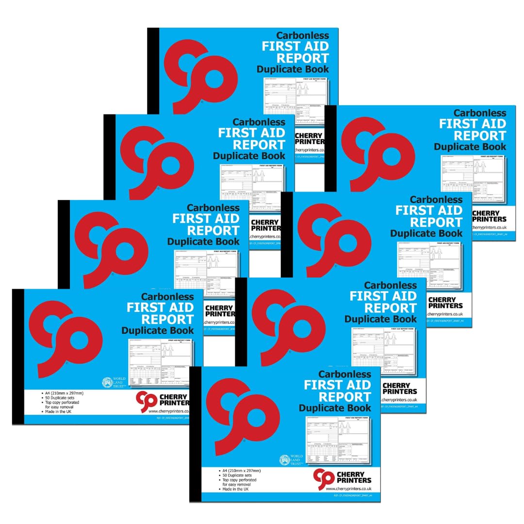 Cherry Printers | Carbonless First Aid Report Duplicate Book A4 | Accident Incident Report Book | 2 Part NCR Pad | 50 Sets | RIDDOR Compliant Forms | Workplace School Safety Log UK **8 Pack**