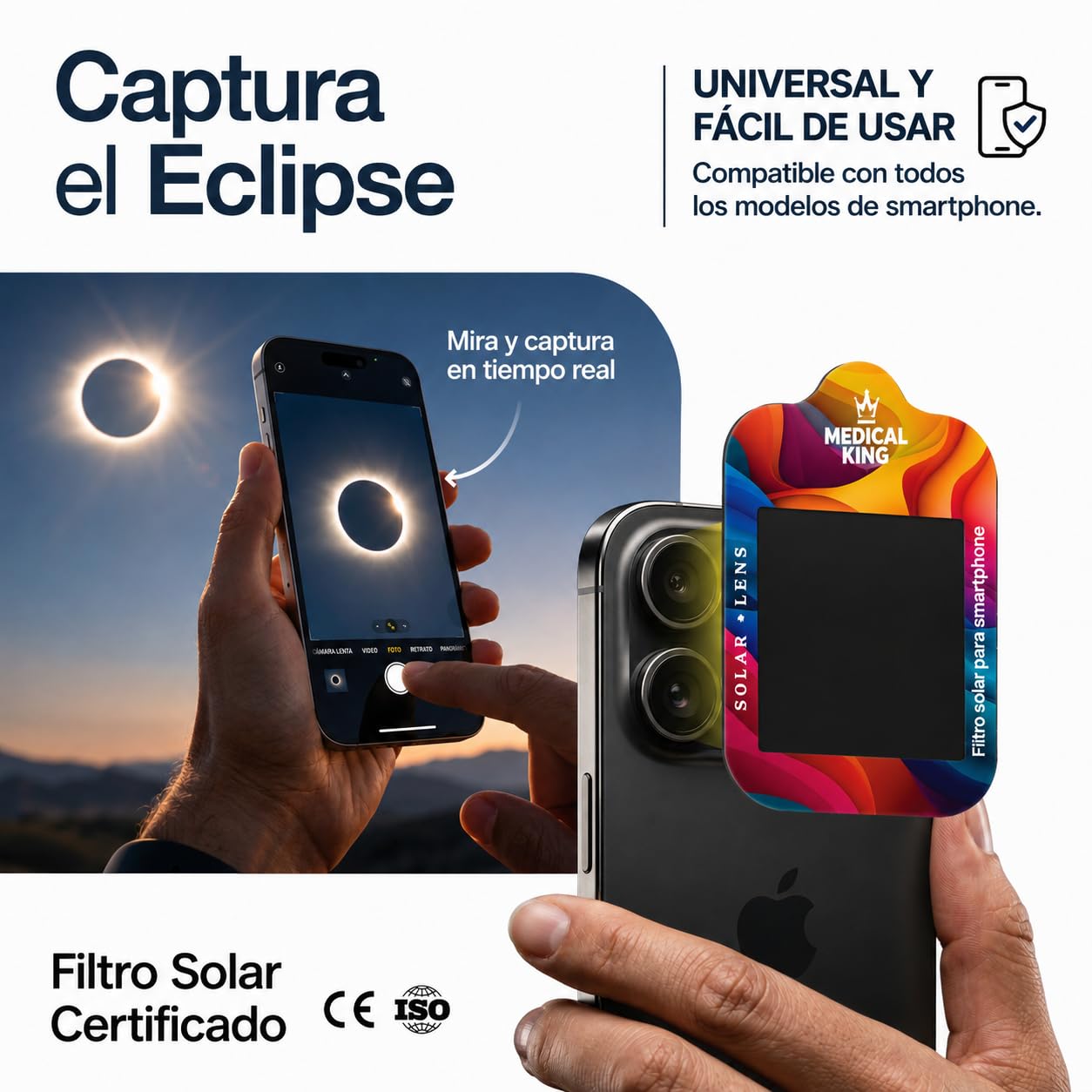 Medical king Gafas Eclipse Solar Homologadas ISO 12312-2 - Viene Con 2 Lentes Fotográficos Para Smartphone Aprobados según la norma ISO, con certificación CE: Gafas para ver eclipses solar 2026