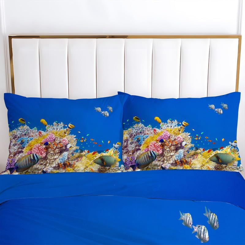 Miniatura 3 de Juego de funda de edredón con estampado de pescado, funda de edredón de microfibra suave y 2 fundas de almohada de 20 x 26 pulgadas, juego de ropa