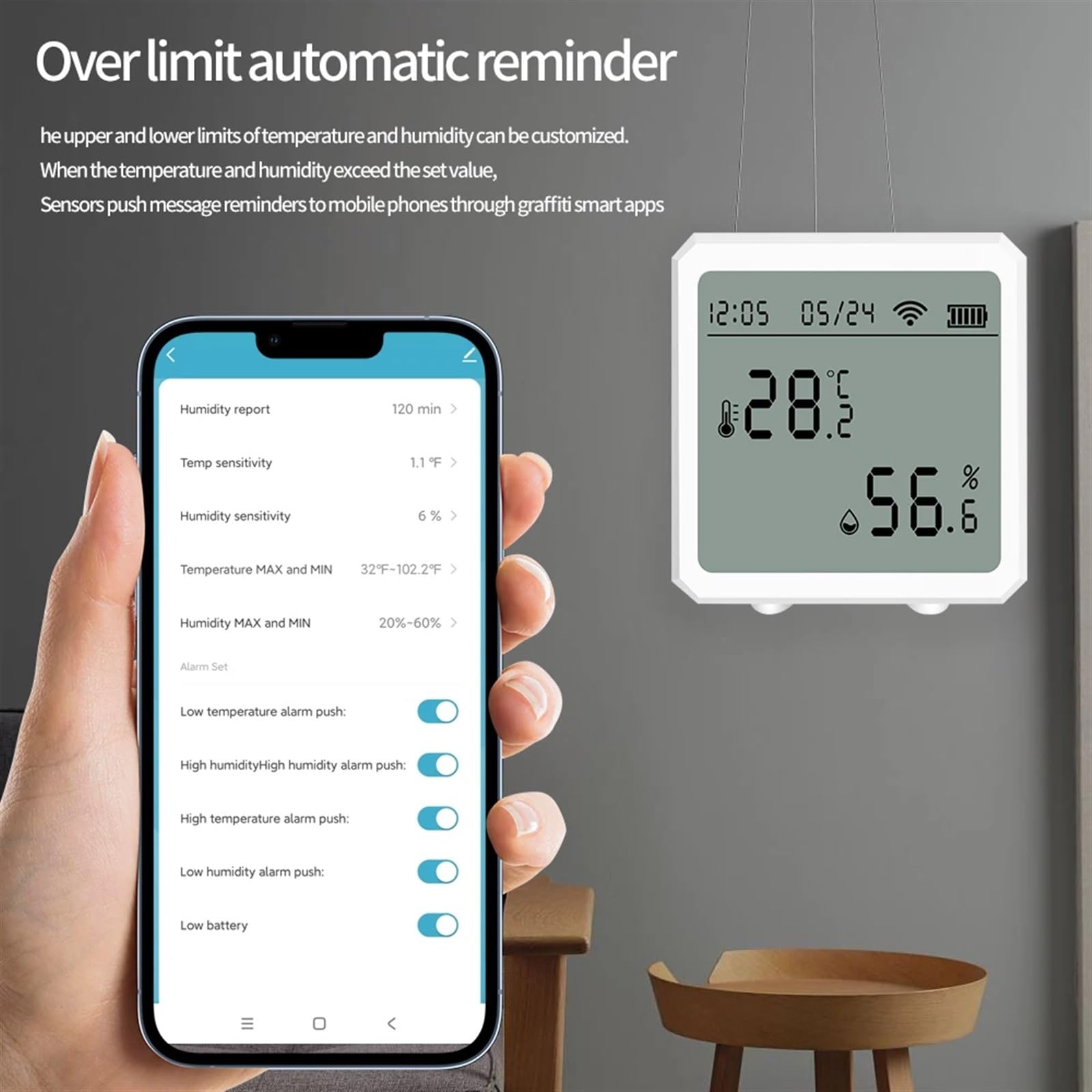 Czujnik temperatury i wilgotności Inteligentny dom Termohigrometr Cyfrowy wyświetlacz Termometr Monitor Stacja pogodowa Zegar(P-1)