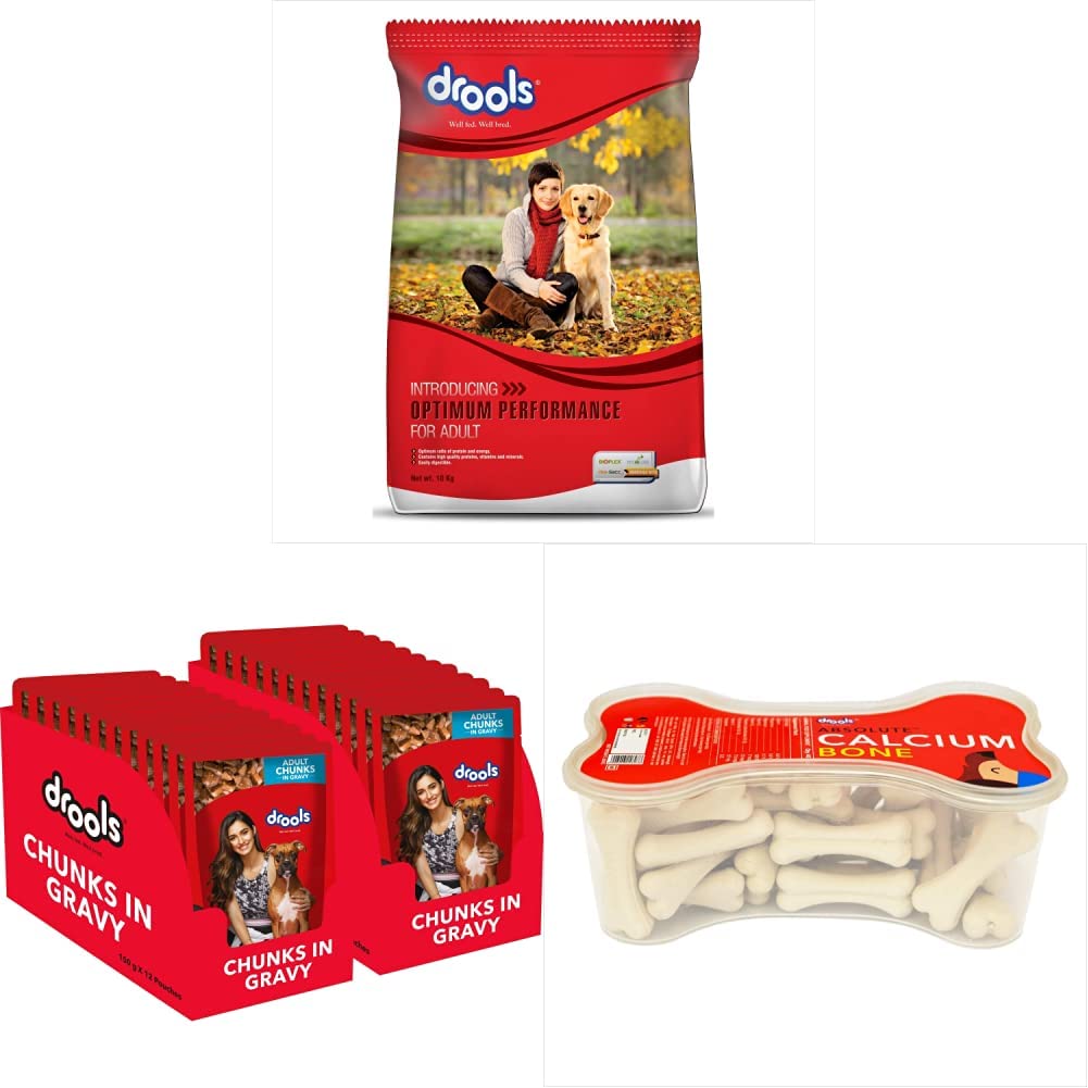 Drools Optimum Performance Adult Dry Dog Food, 10kg & Absolute Calcium Bone Jar, Dog Treats - 40 Pieces (600g) & Adult Wet Dog Food, Real Chicken and Chicken Liver Chunks in Gravy, 24 Pouches (B0BDS1C7Y9) Amazon Price History, Amazon Price Tracker
