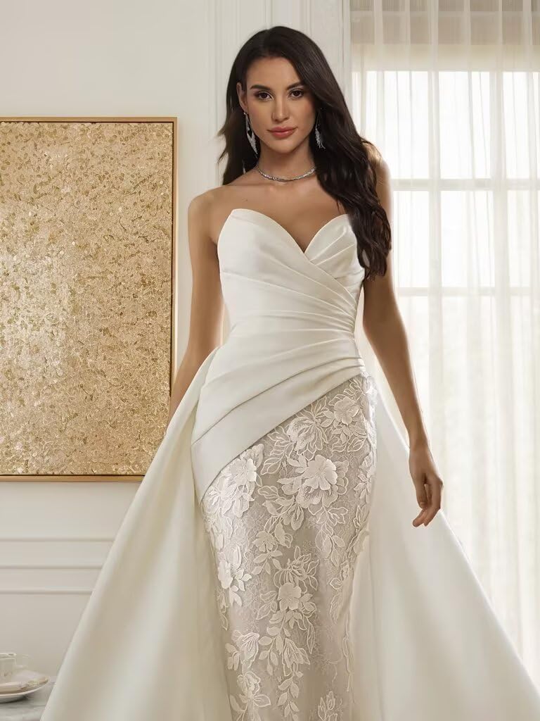 Strapless Satin Wedding Dresses for Bride 2026 Laces Appliques Pleated Mermaid Elegant Bridal Gowns with Train