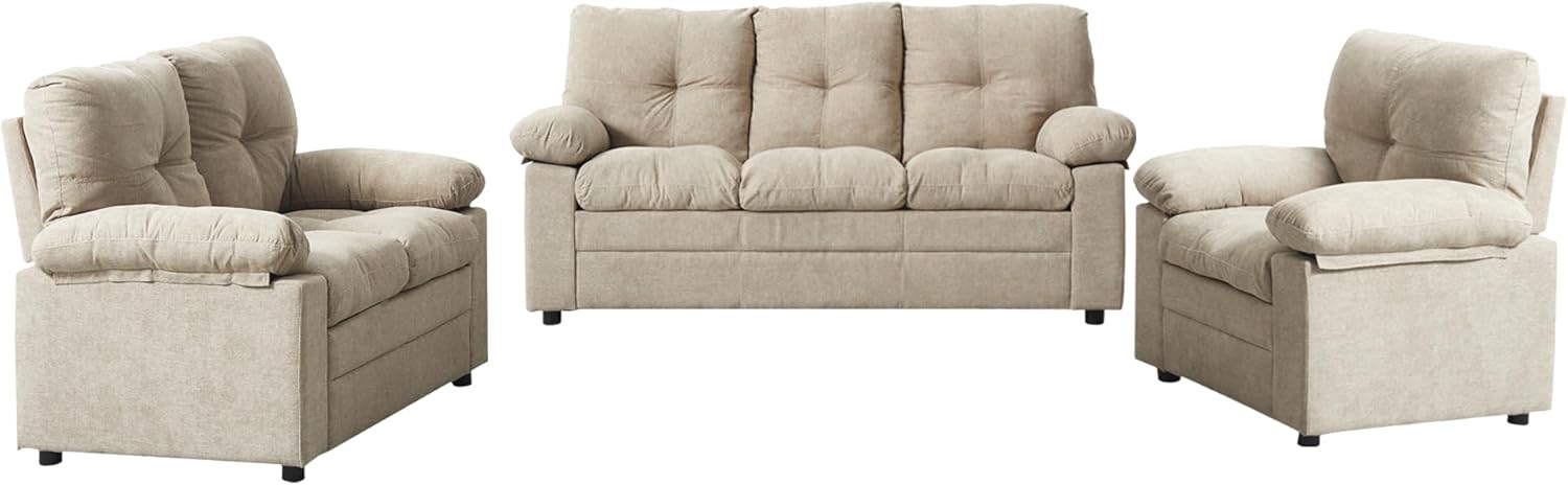 3-Piece Living Room Sofa Set with Sofa, Loveseat and Chair, Modern Linen Fabric, Comfortable Backrest Thick Cushions, Light Camel