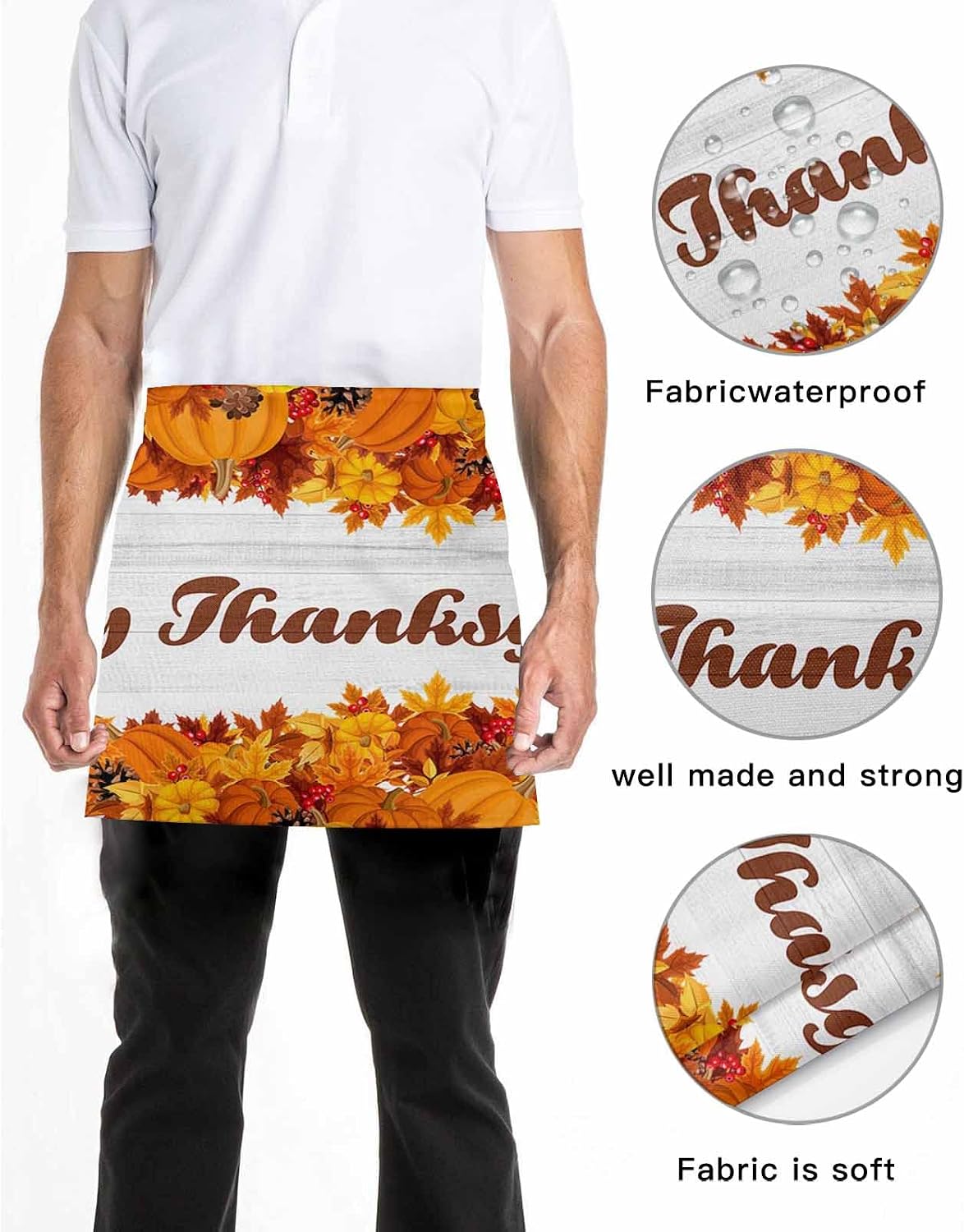 Happy Thanksgiving Pumpkin Maple Server Aprons with Pockets, Retro Rustic Wood Board Waist Aprons Waitress Half Apron