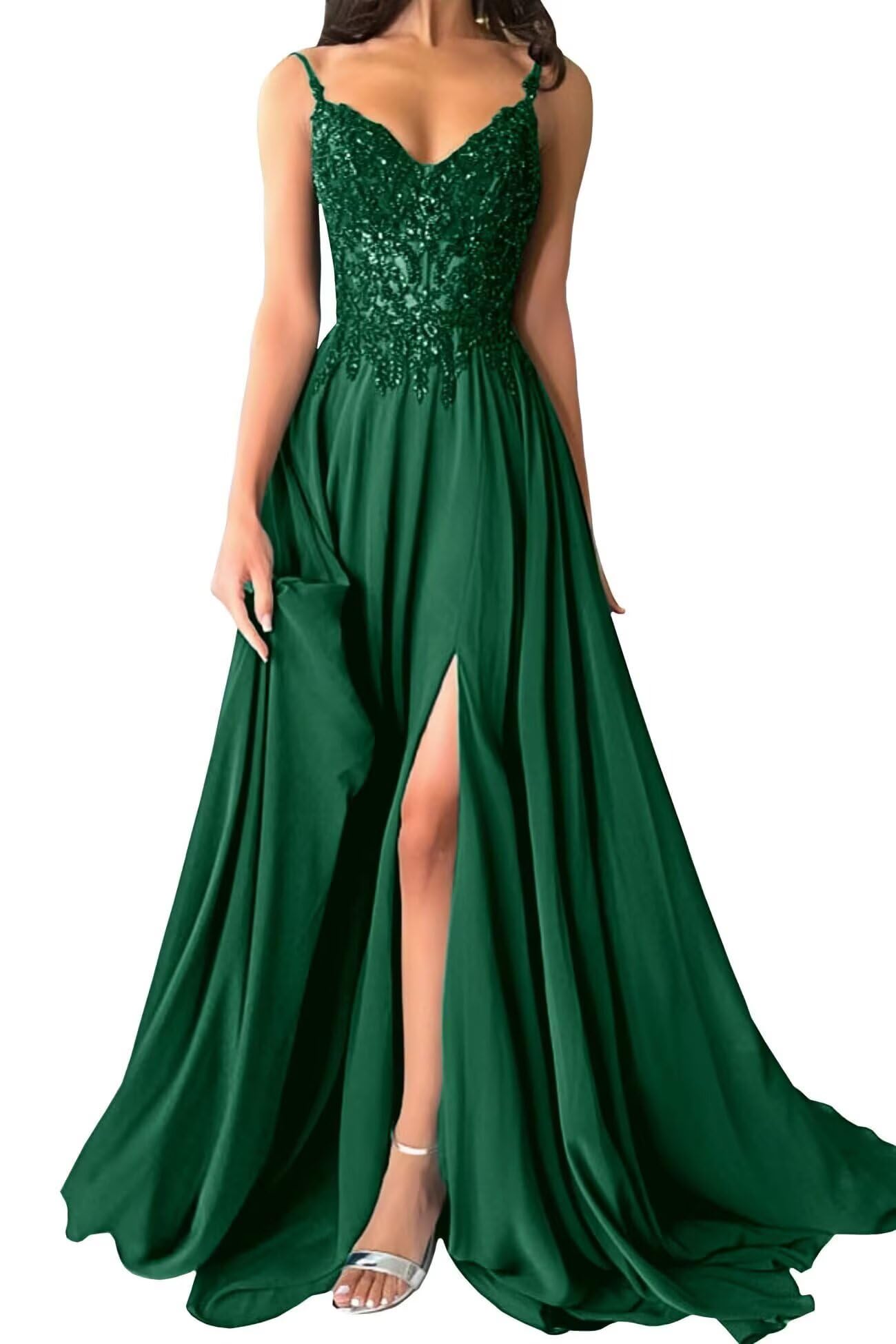 Lace Applique Prom Dresses for Women Spaghetti Strap Ball Gown with Slit V Neck Chiffon Formal Evening Dress