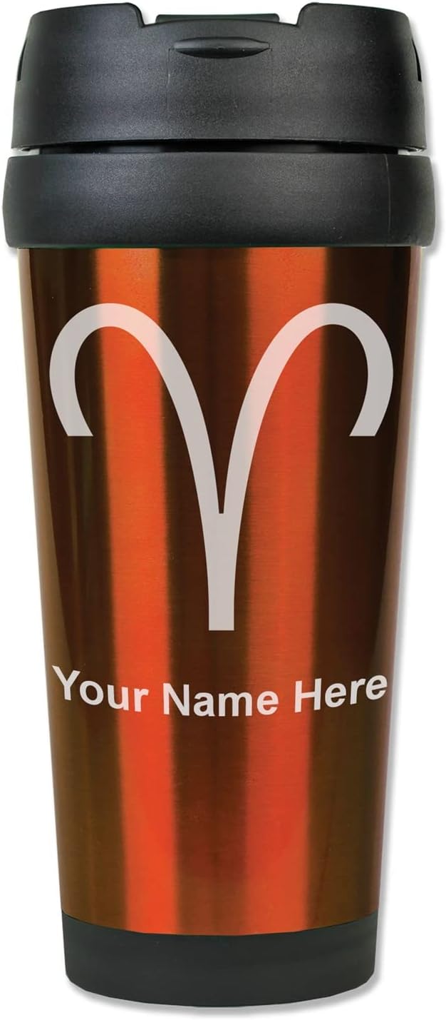 LaserGram 16oz Coffee Travel Mug, Zodiac Sign Aries, Personalized Engraving Included (Orange)