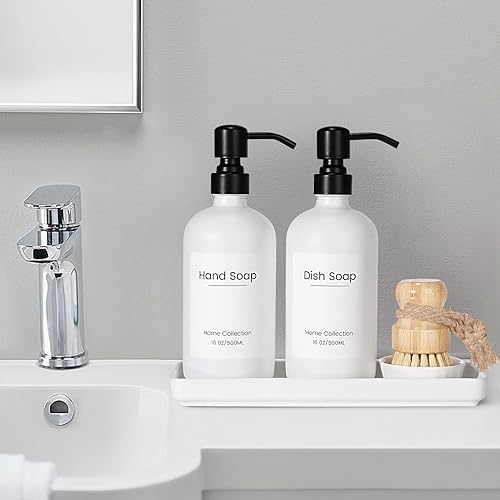 Miniatura 8 de Dispensador de jabón de vidrio de cocina moderno dispensador de jabón de 16 oz para baño con bomba de acero inoxidable, paquete de 2 dispensadores