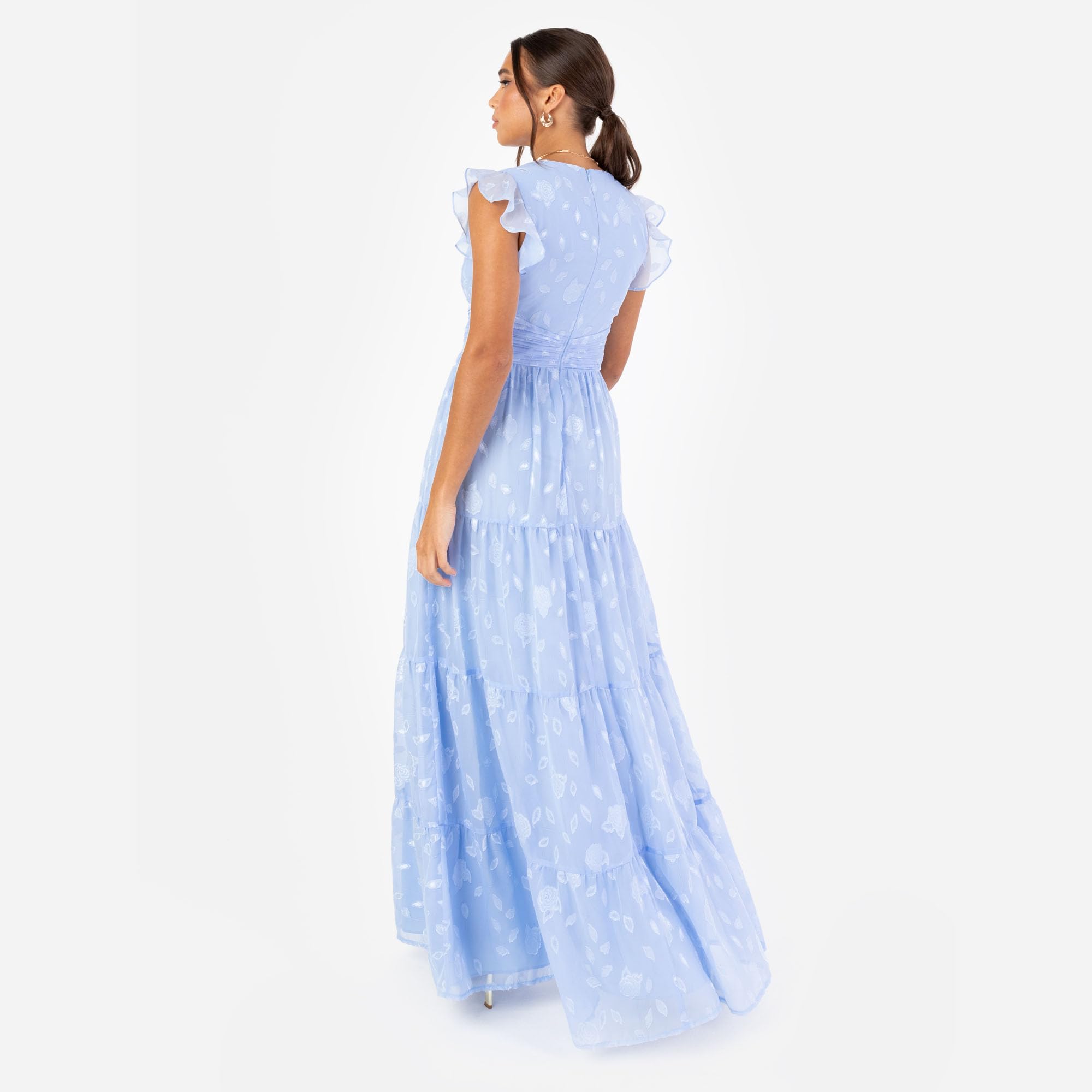 Women's Maxi Dress Ladies V-Neck Flutter Sleeve Floral Tiered Ruffle Bridesmaid Wedding Guest Prom Evening Occasion