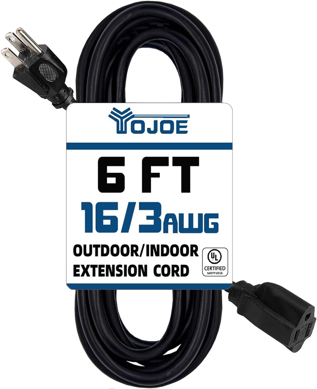 YOJOE Indoor Outdoor Extension Cord, 3 Prong 13A Weatherproof Power Cord, 16 Gauge Heavy Duty 6 ft Black Extension Cord for Garage, Garden and Home, 16/3 SJTW UL Listed