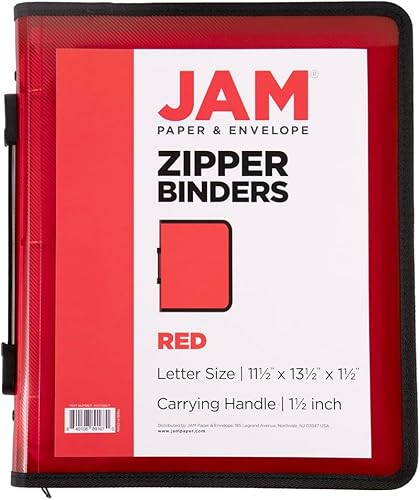 Miniatura 7 de JAM PAPER Carpeta de plástico con cremallera de 1.5 pulgadas, carpeta roja de 3 anillas, se vende individualmente