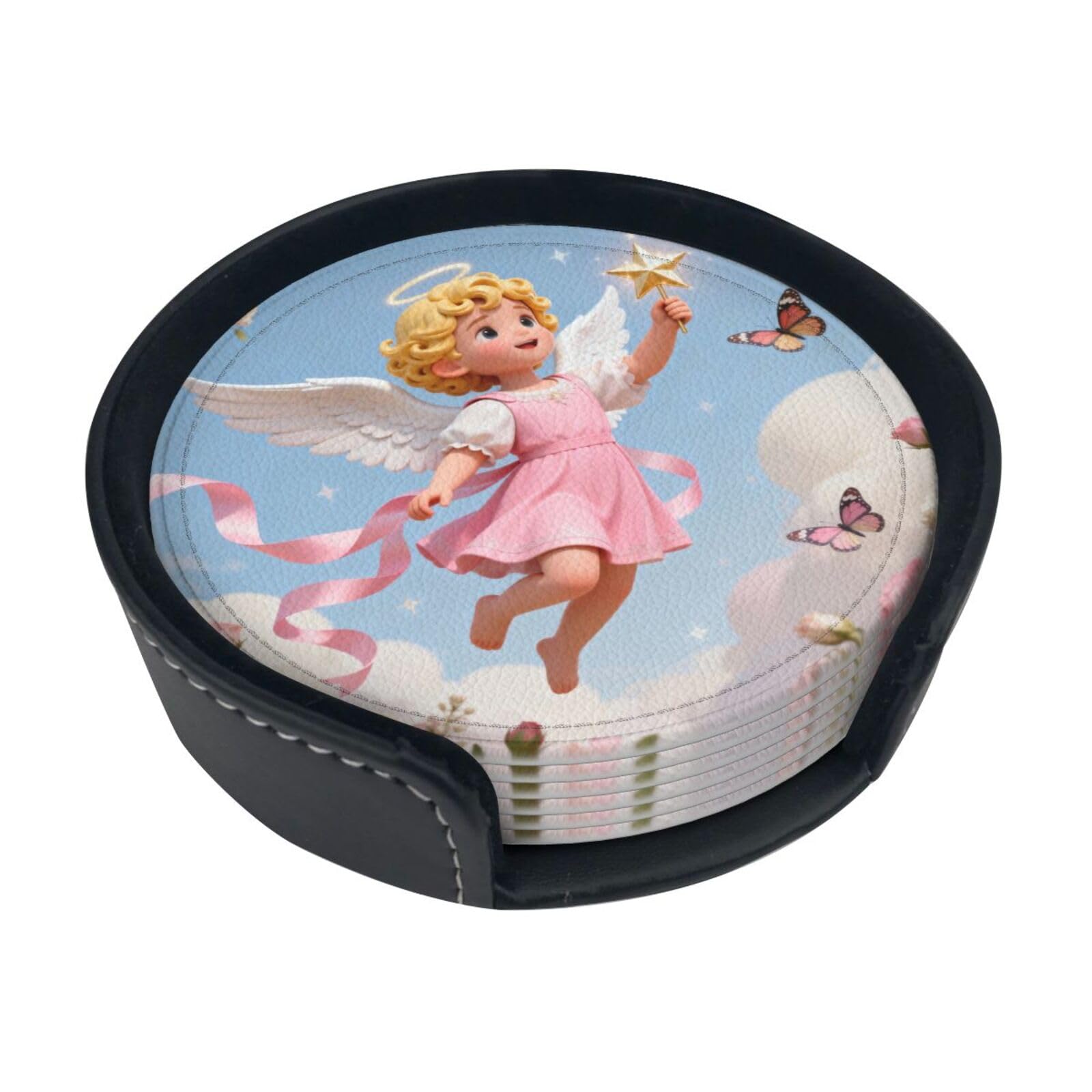 Clever Angel Leather Coasters-Set of 6 with Storage Holder