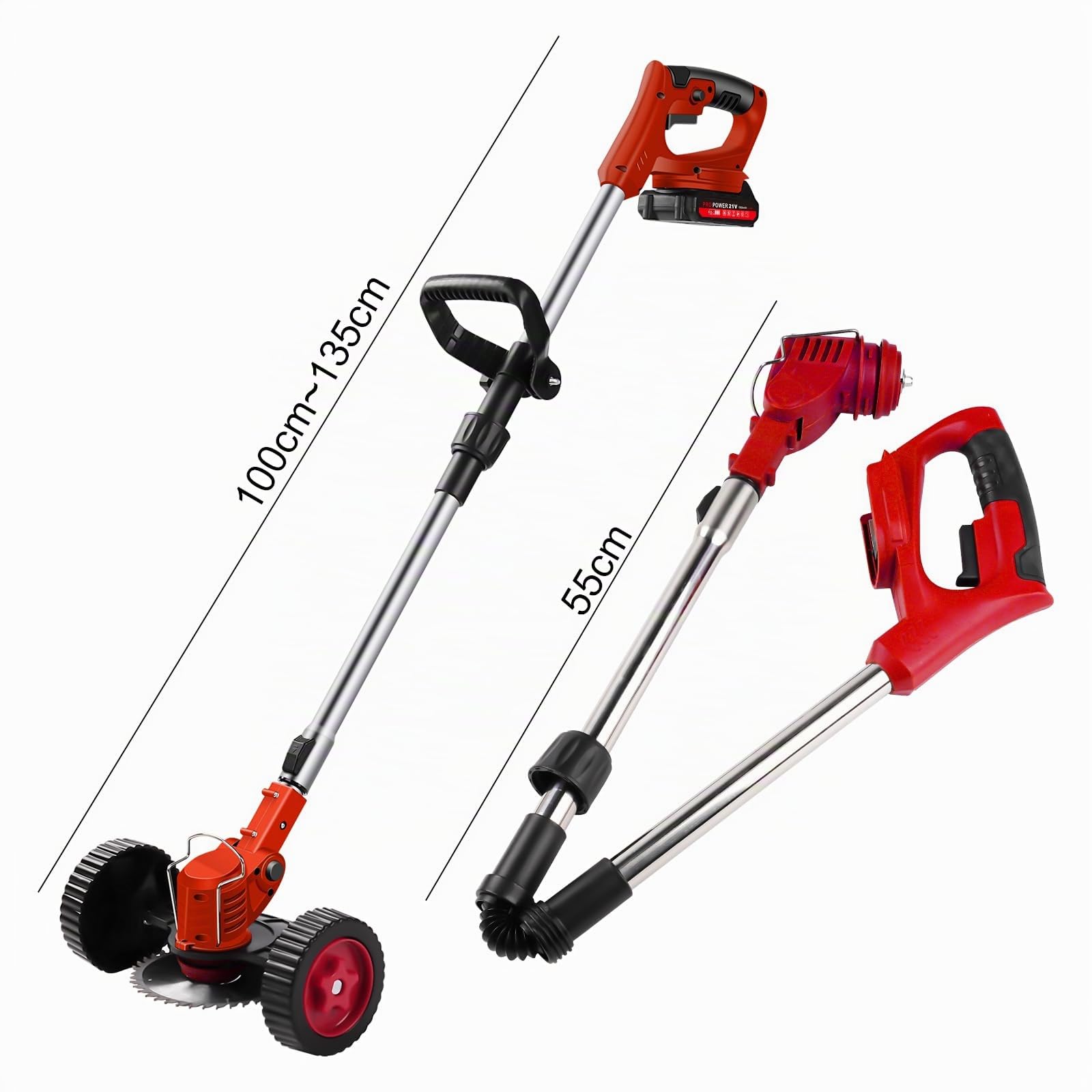 Debroussailleuse Electrique sans Fil Coupe Bordure 21V avec 2 Batteries 1.5Ah, Roues, 4 Type Lames, Poignée Réglable, Pliable, Tête Pivotante 90° pour Jardin Élagage