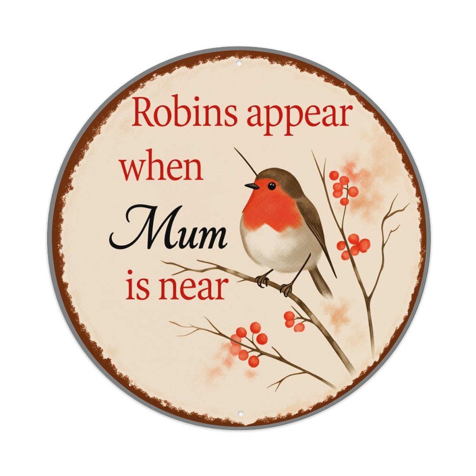 Robin Bird Branch Berries Text Vintage Metal Tin Sign Retro Wall Decor for Home Bar Garage Cafe, Indoor & Outdoor Decorative，circle Metal Poster, 8x8 Inch
