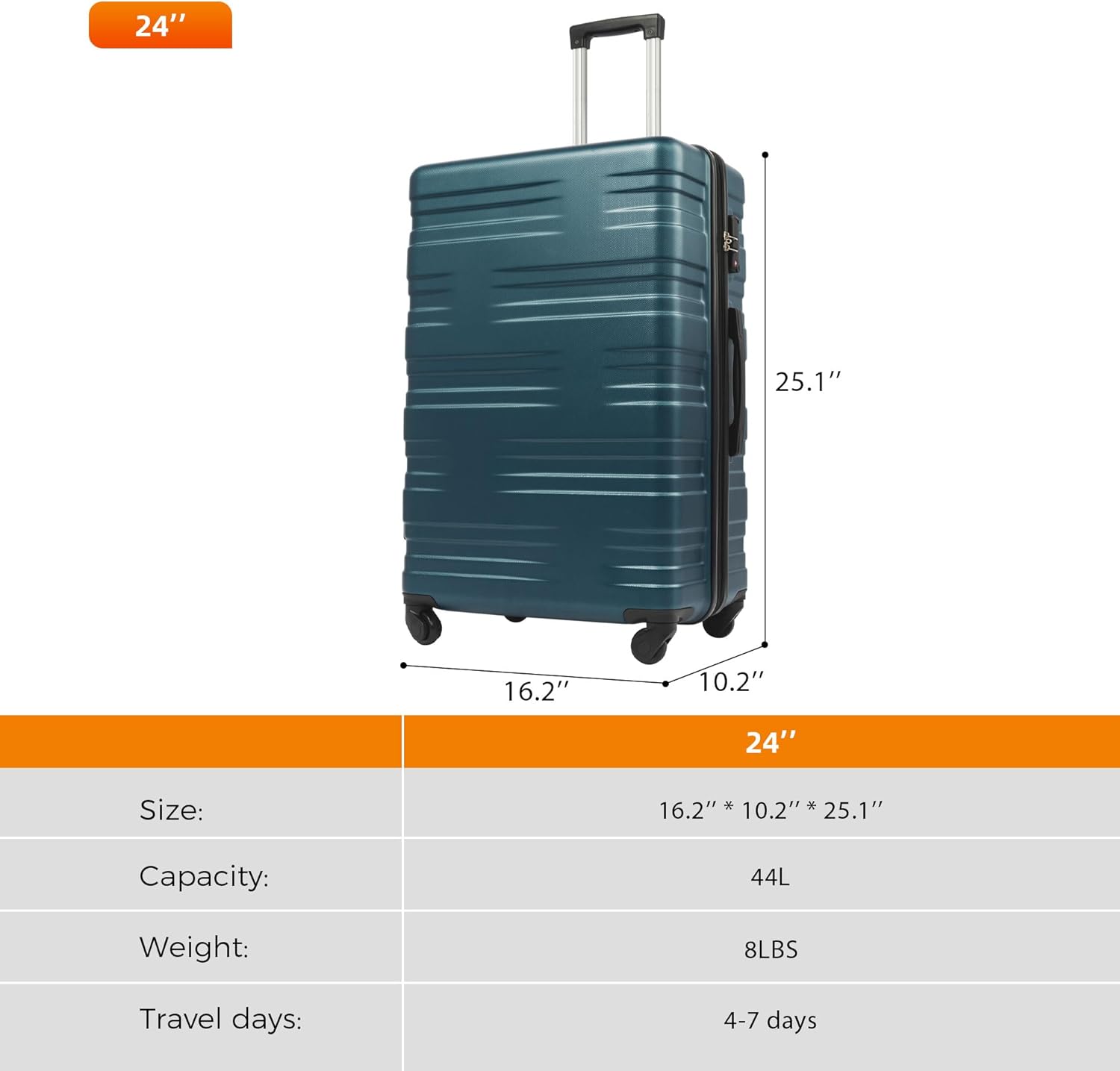Diagram showing the dimensions of the 24-inch Merax luggage: 16.2 inches wide, 10.2 inches deep, and 25.1 inches high.