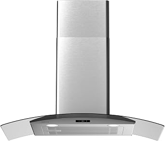 30 Inch Wall Mounted Curved Glass Range Hood with 450 CFM Stainless Steel kitchen Ductless/Ducted Convertible with 3 Speeds Extract Fan & Touch Control