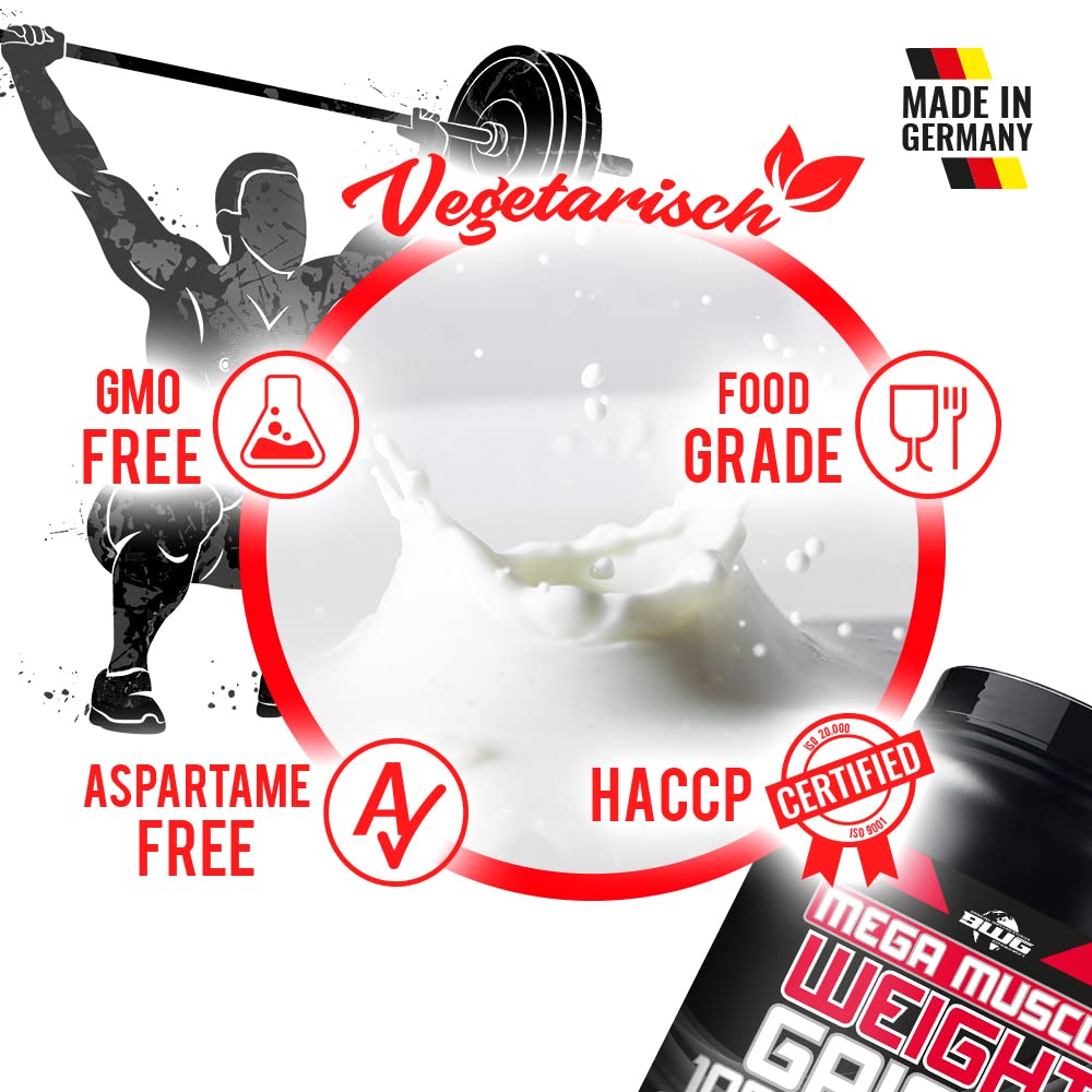 BWG Mega Muscle Weight Gainer 100% Maximum - perfekt für HardGainer und Massephasen – Kraftaufbau - Mega Cookies & Cream - Dose mit Dosierlöffel - (1x 5000g Dose)