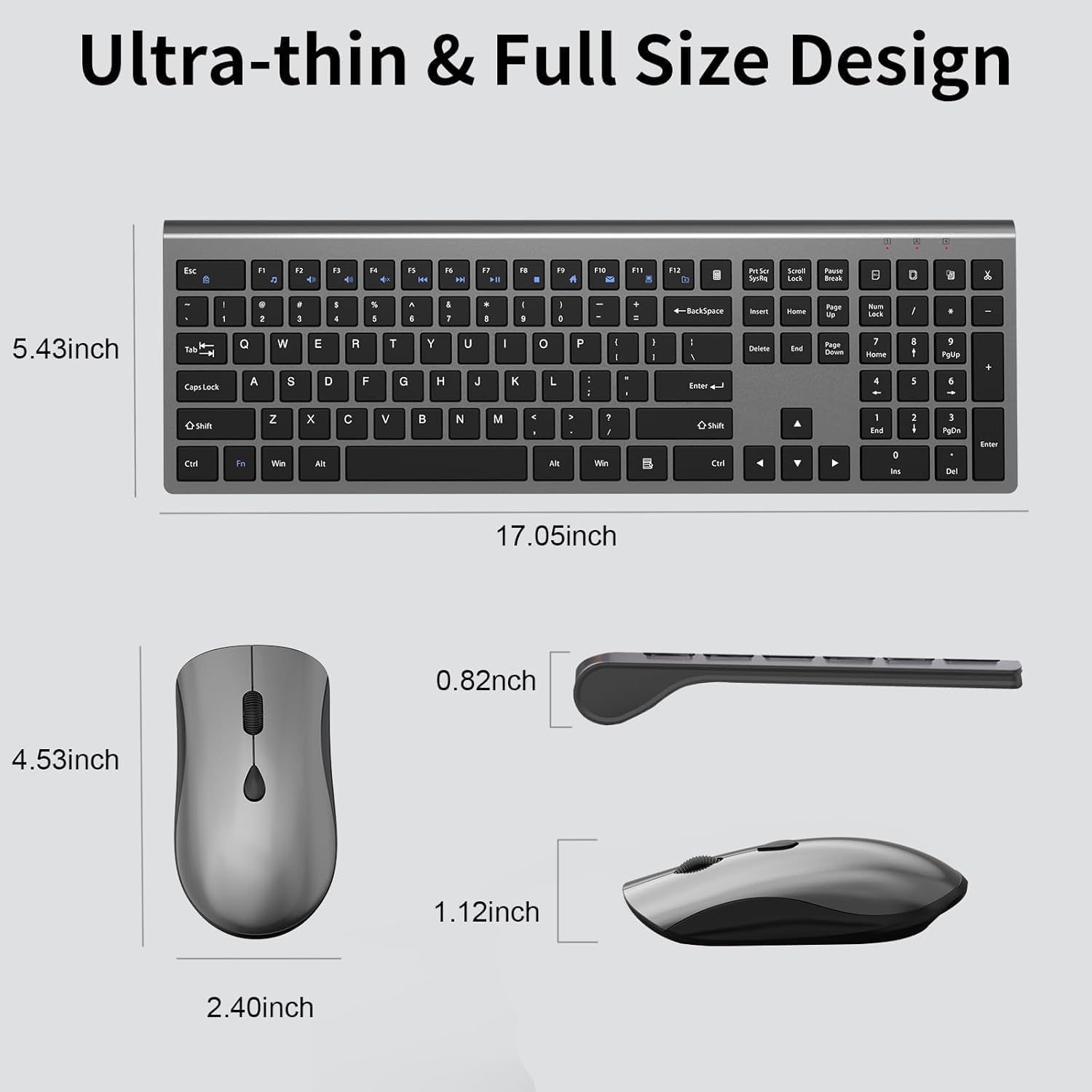 Wireless Mouse and Keyboard Combo, Silent Full-Size Computer Keyboard with Calculator Button, 2400 DPI Mouse, Quiet Click, Slim Cordless USB Set for Laptop PC Windows Mac - Space Grey（2 Pack）