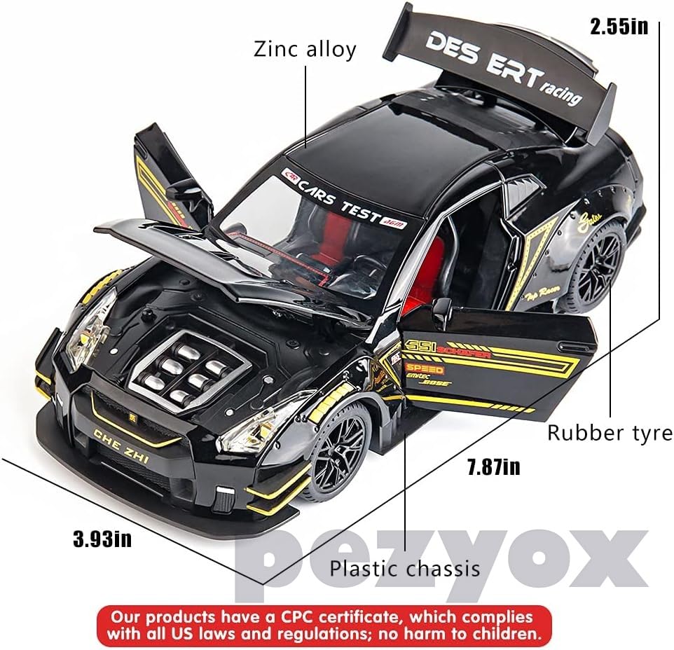 Image of 1 /24 Scale Compatible for Nissan GTR Model Car Toy, Zinc Alloy Pull Back Toy car with Sound and Light for Kids Boy Girl Gift (Black)