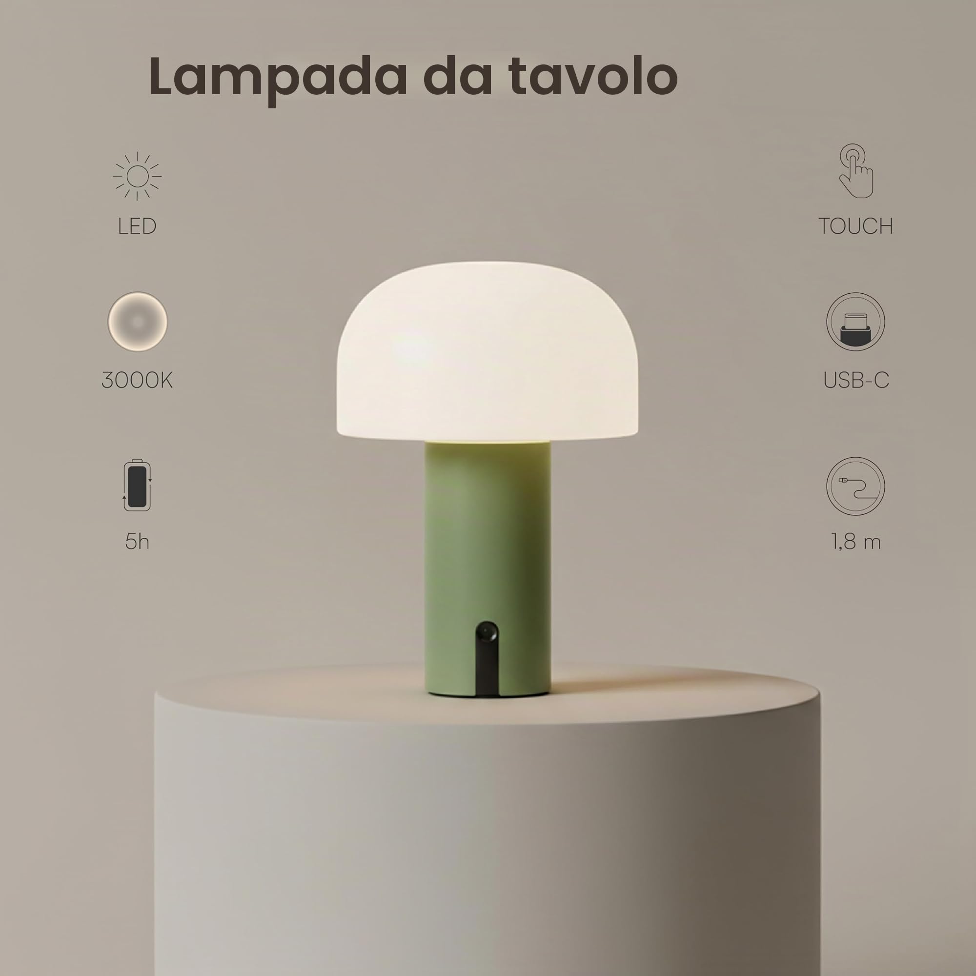 Baroni Home Set 2 Lampade LED Senza Fili – Design a Fungo, Dimmer Touch, Ricaricabile USB-C, Luce Calda 3000K, Impermeabile per Interni ed Esterni, Metallo Verniciato, Altezza 22 cm Verde, 2 Pezzi